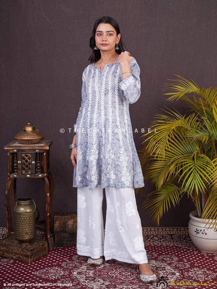 Grey Firosha Mulmul Chikankari Short Anarkali ,Chikankari Short Anarkali in Mulmul fabric for Woman