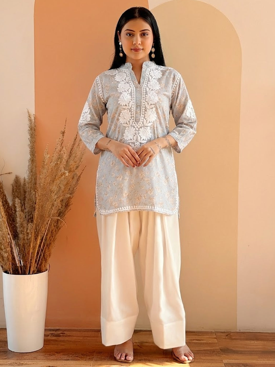 Grey Mulmul Printed Chikankari Farshi Salwar Set