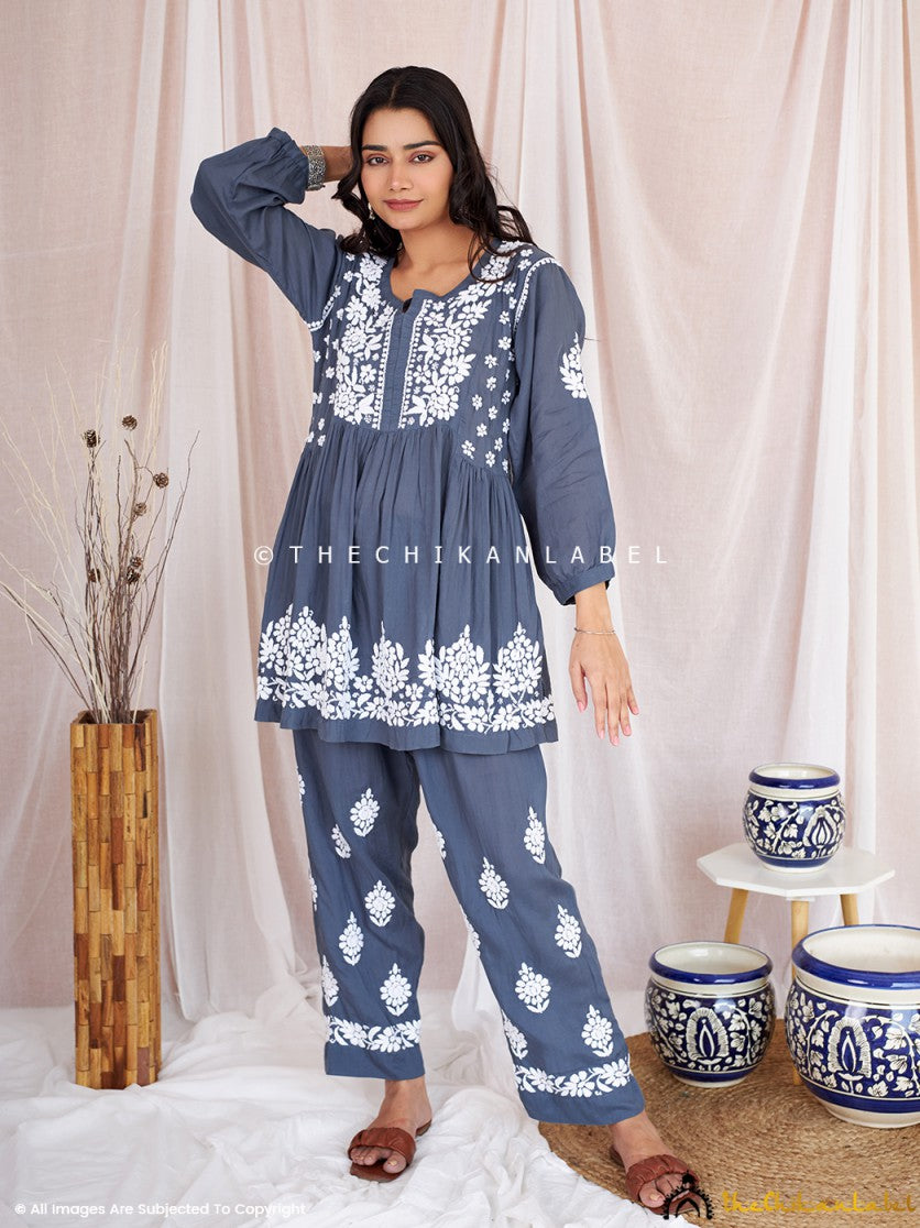 Rosa Modal Chikankari Short Kurta Set-Grey