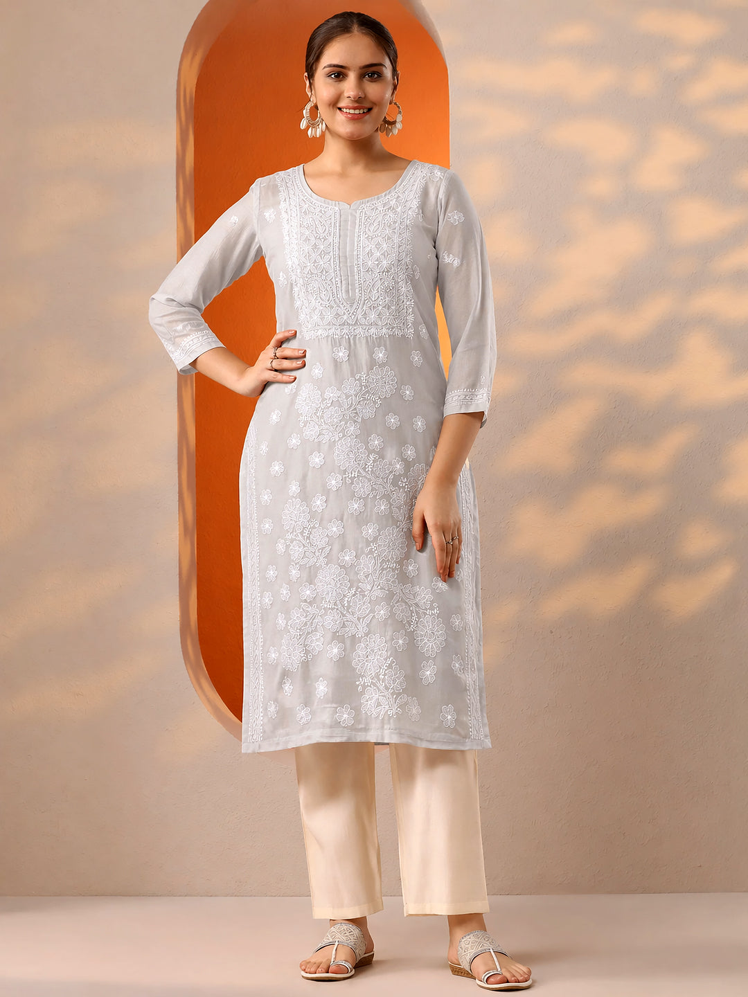 Grey Vira Cotton Chikankari Straight Kurti with inner