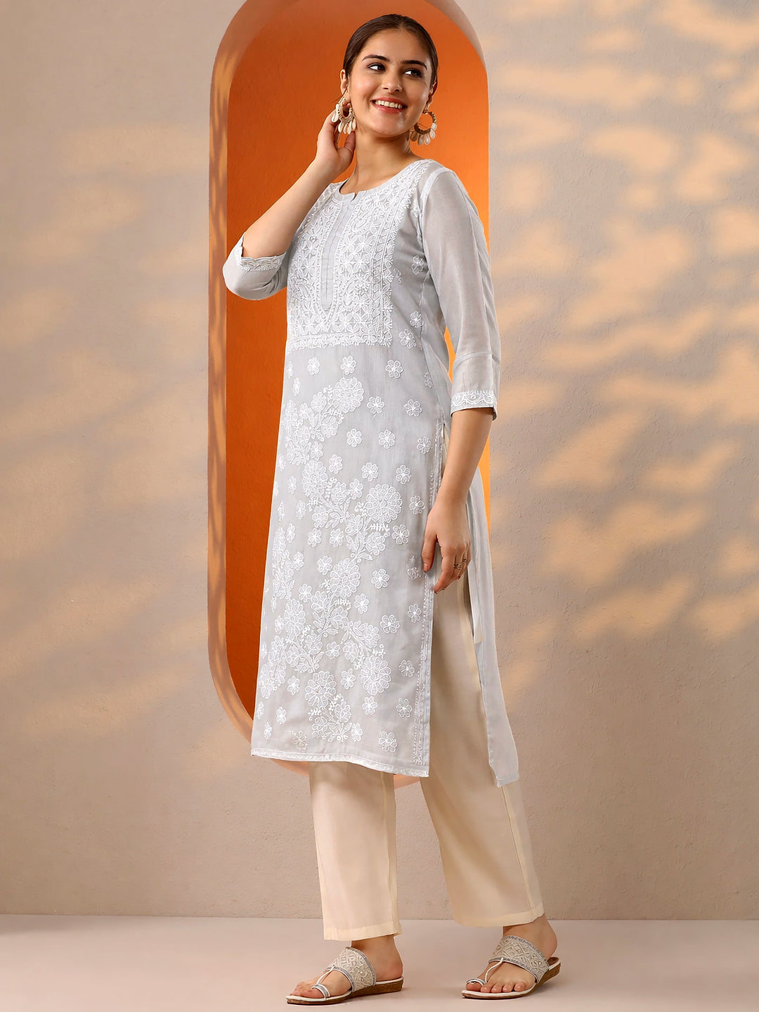 Grey Vira Cotton Chikankari Straight Kurti with inner