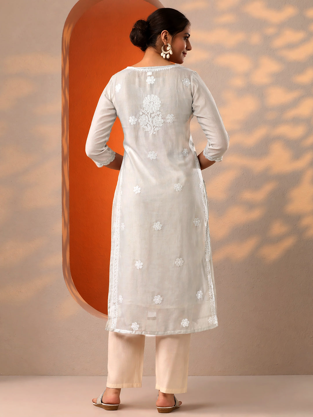 Grey Vira Cotton Chikankari Straight Kurti with inner