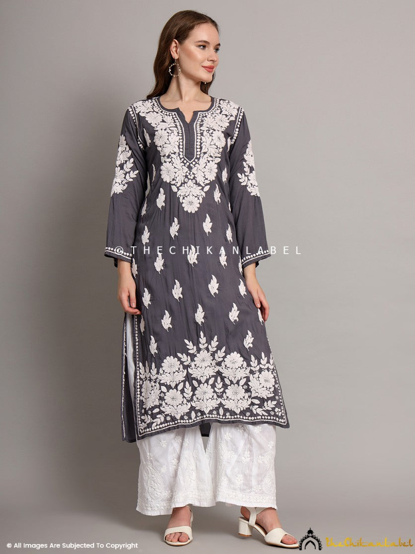 Grey Floral Printed Buttons Modal Straight Kurti