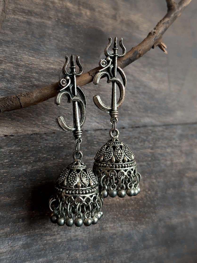 Handcrafted Om Namah Shivay Silver Tone Jhumka