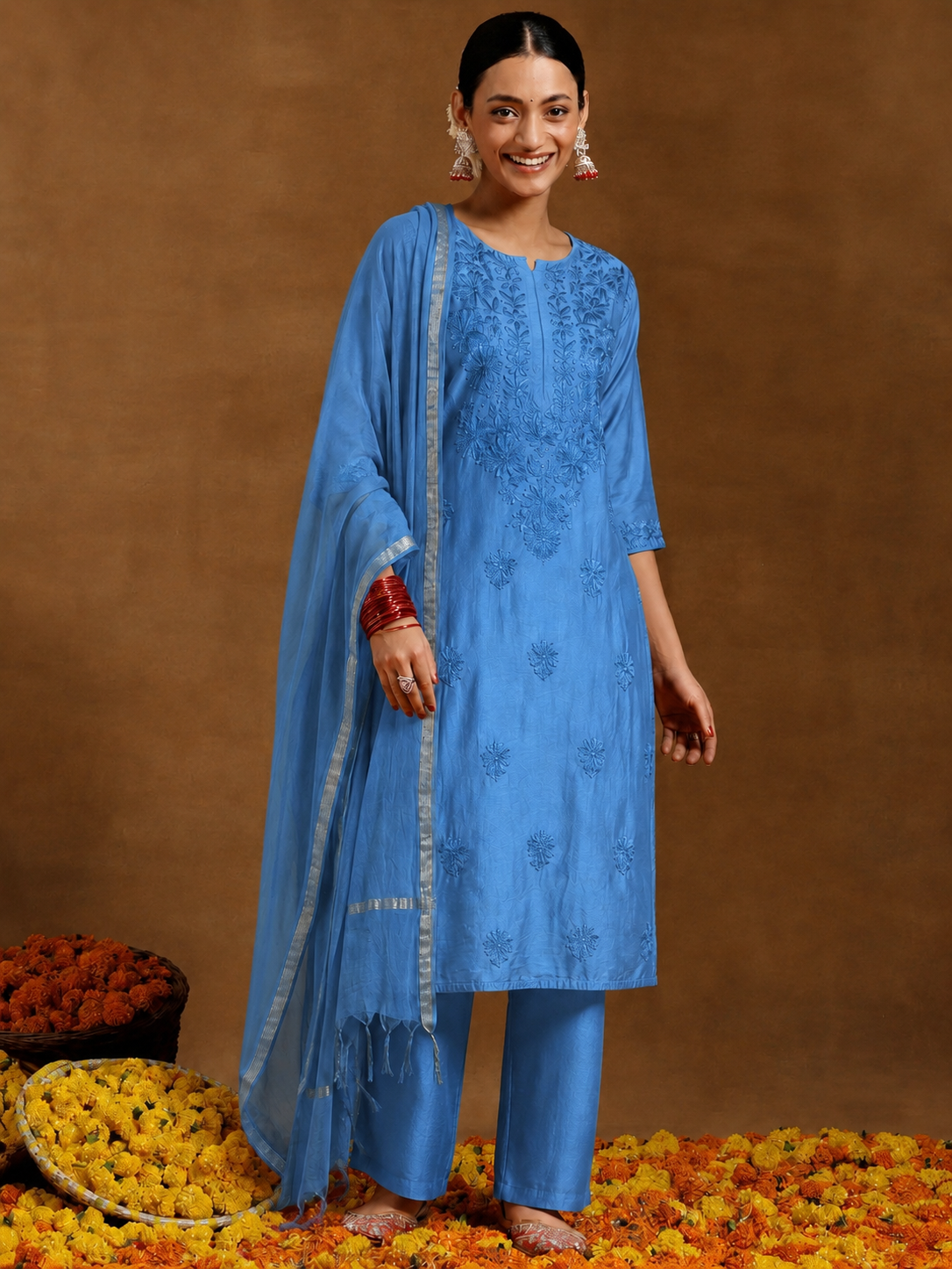 Hanshika Chanderi Straight Kurti Pant Set with Dupatta for women designed with refined embroidery, coordinated bottoms and an elegant dupatta for complete ethnic dressing.