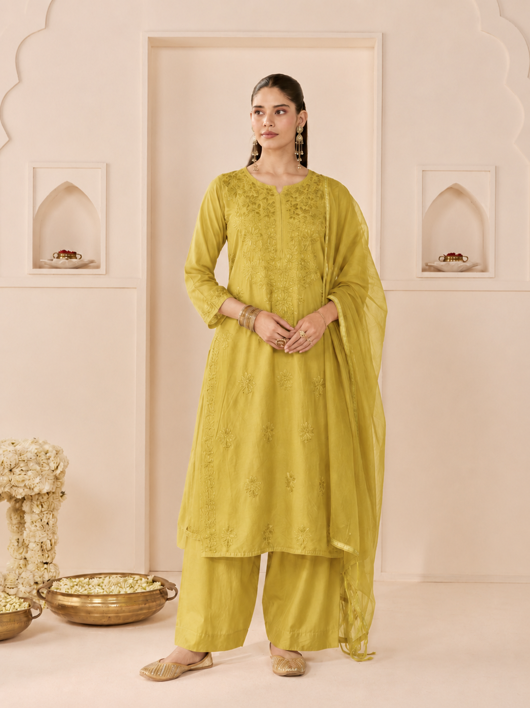 Traditional Chanderi Kurta Set with Dupatta for women combining delicate embroidery, a straight-cut kurti and coordinated pants for an effortless festive look.