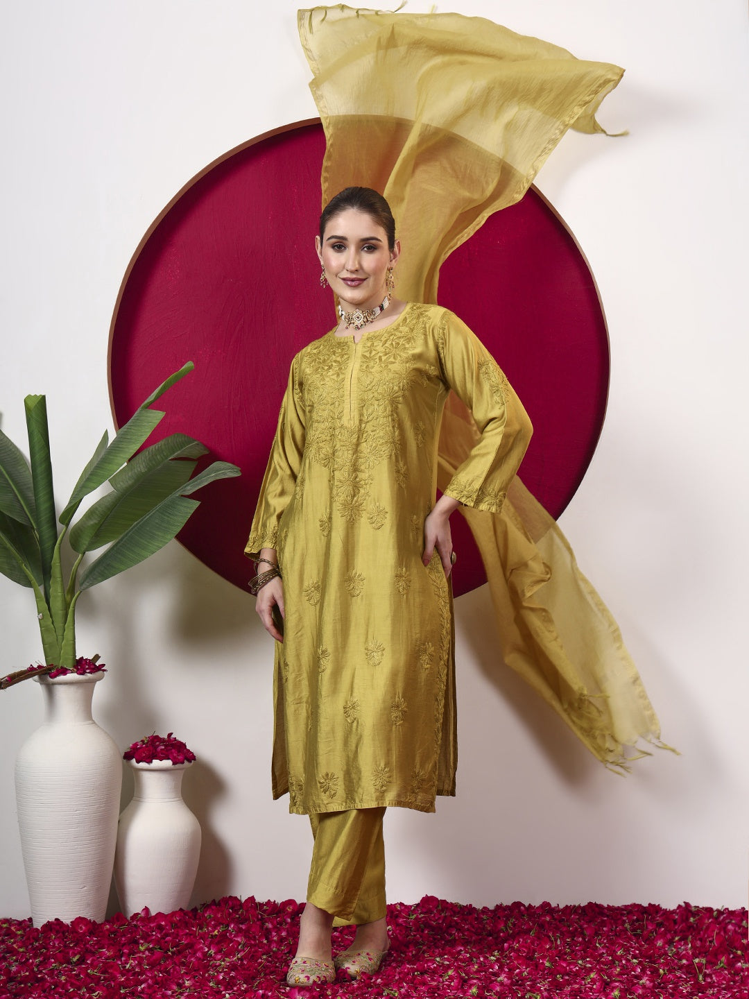 Hanshika Chanderi Chikankari Kurta Set with Dupatta - Mustard Yellow