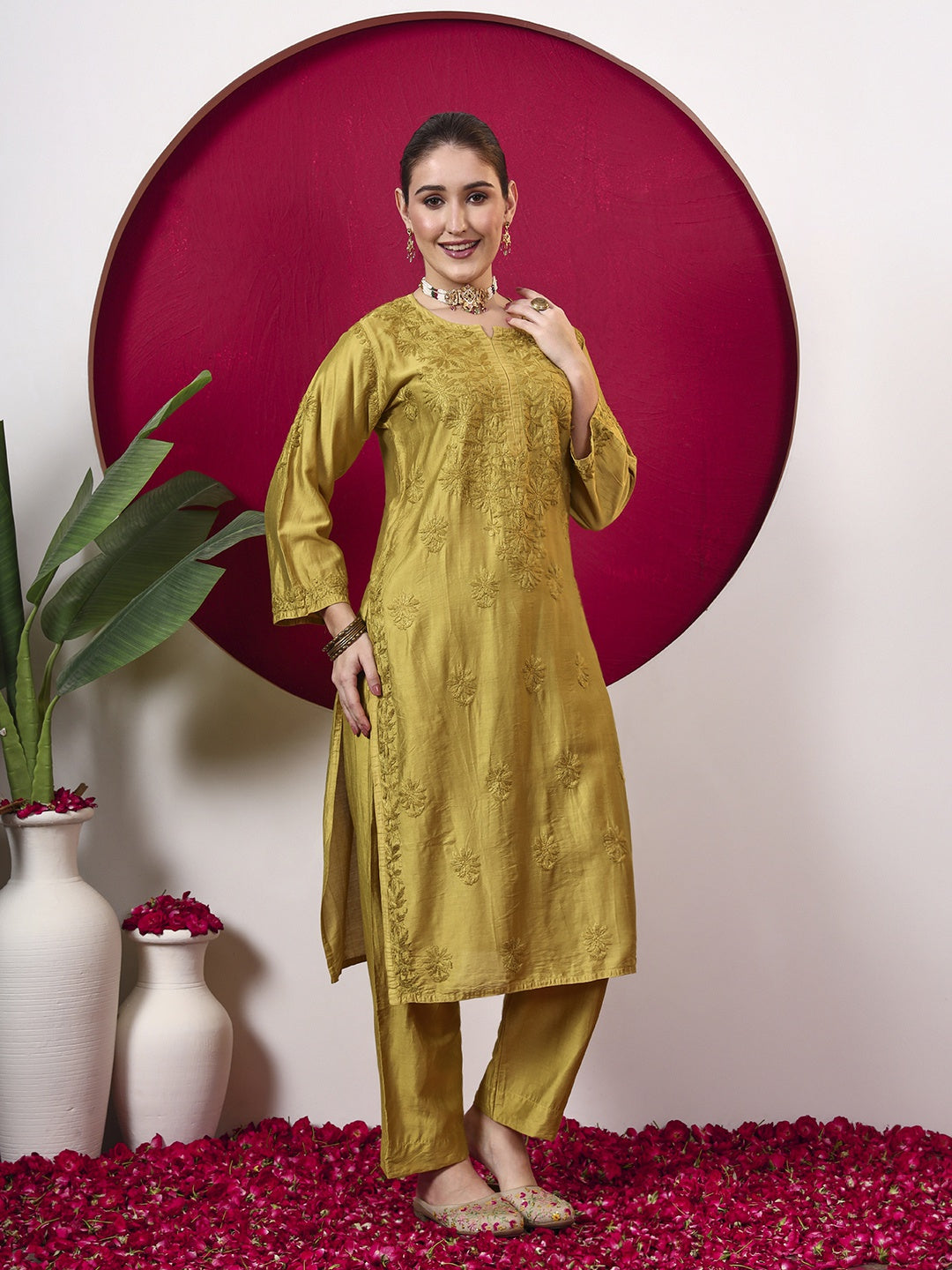 Hanshika Chanderi Chikankari Kurta Set with Dupatta - Mustard Yellow