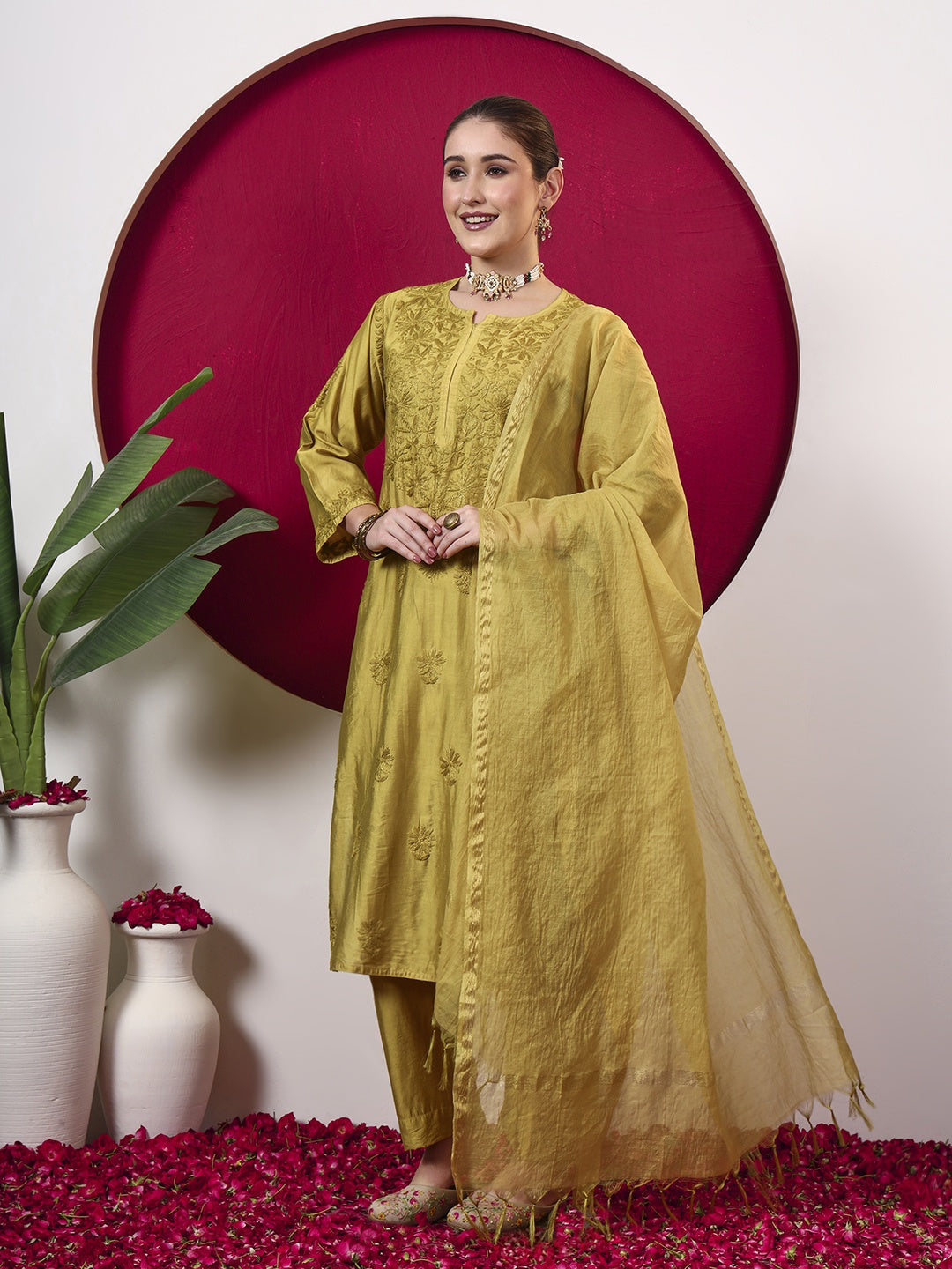 Hanshika Chanderi Chikankari Kurta Set with Dupatta - Mustard Yellow