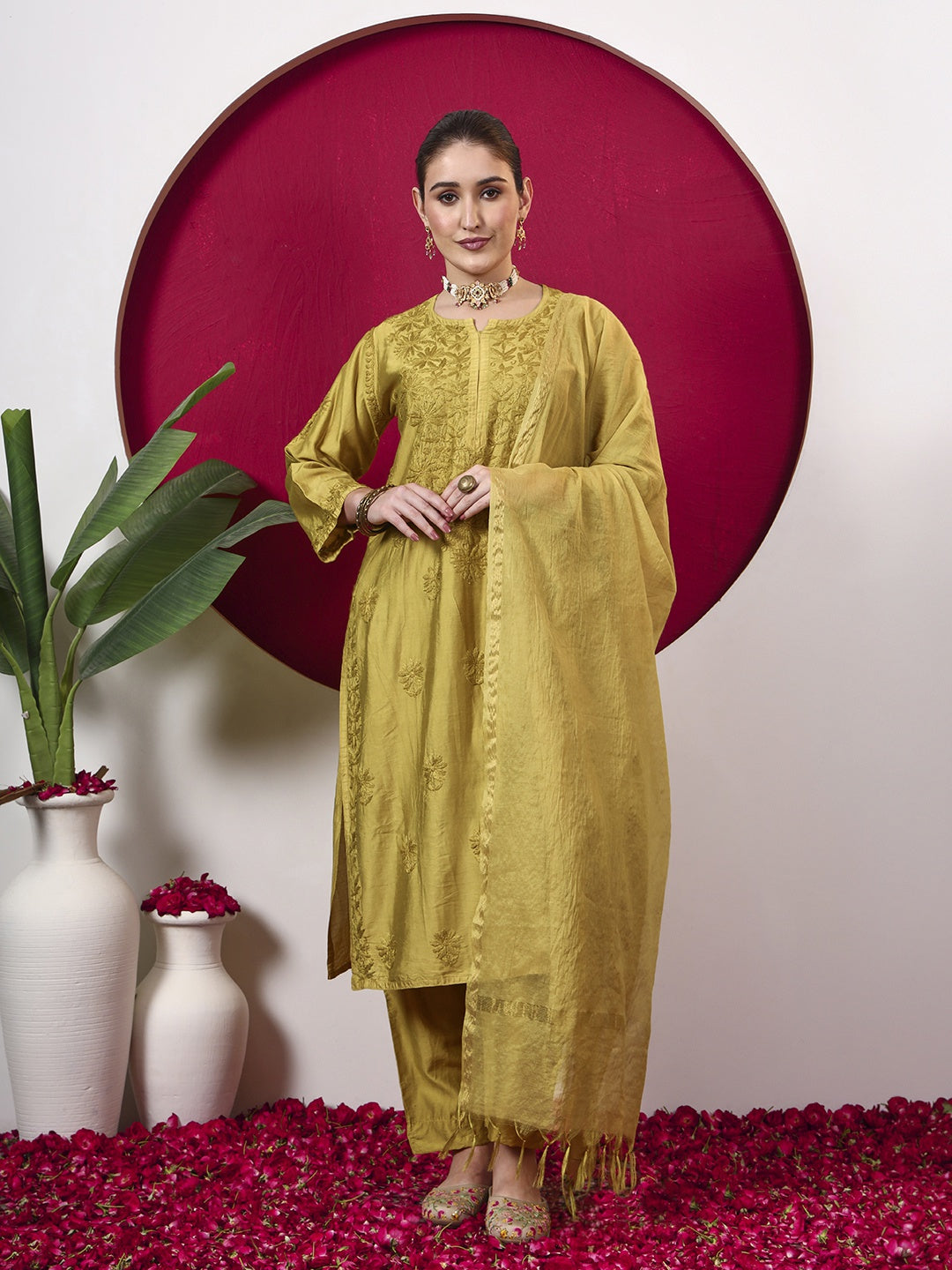 Hanshika Chanderi Chikankari Kurta Set with Dupatta - Mustard Yellow