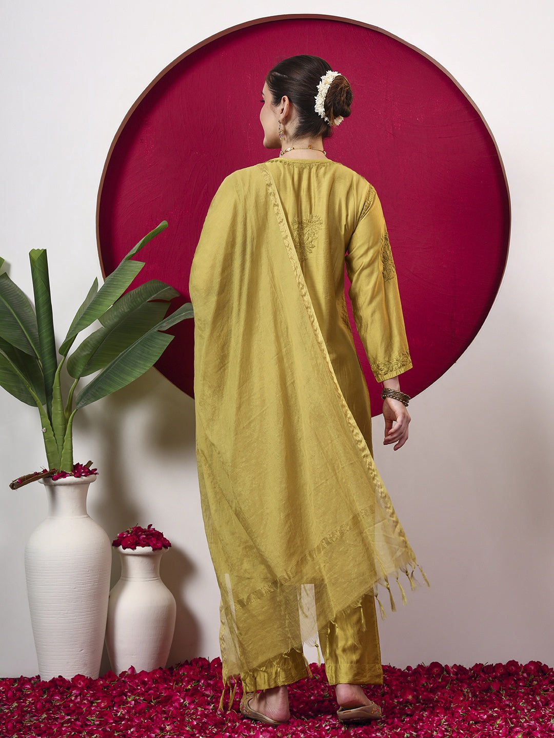 Hanshika Chanderi Chikankari Kurta Set with Dupatta - Mustard Yellow