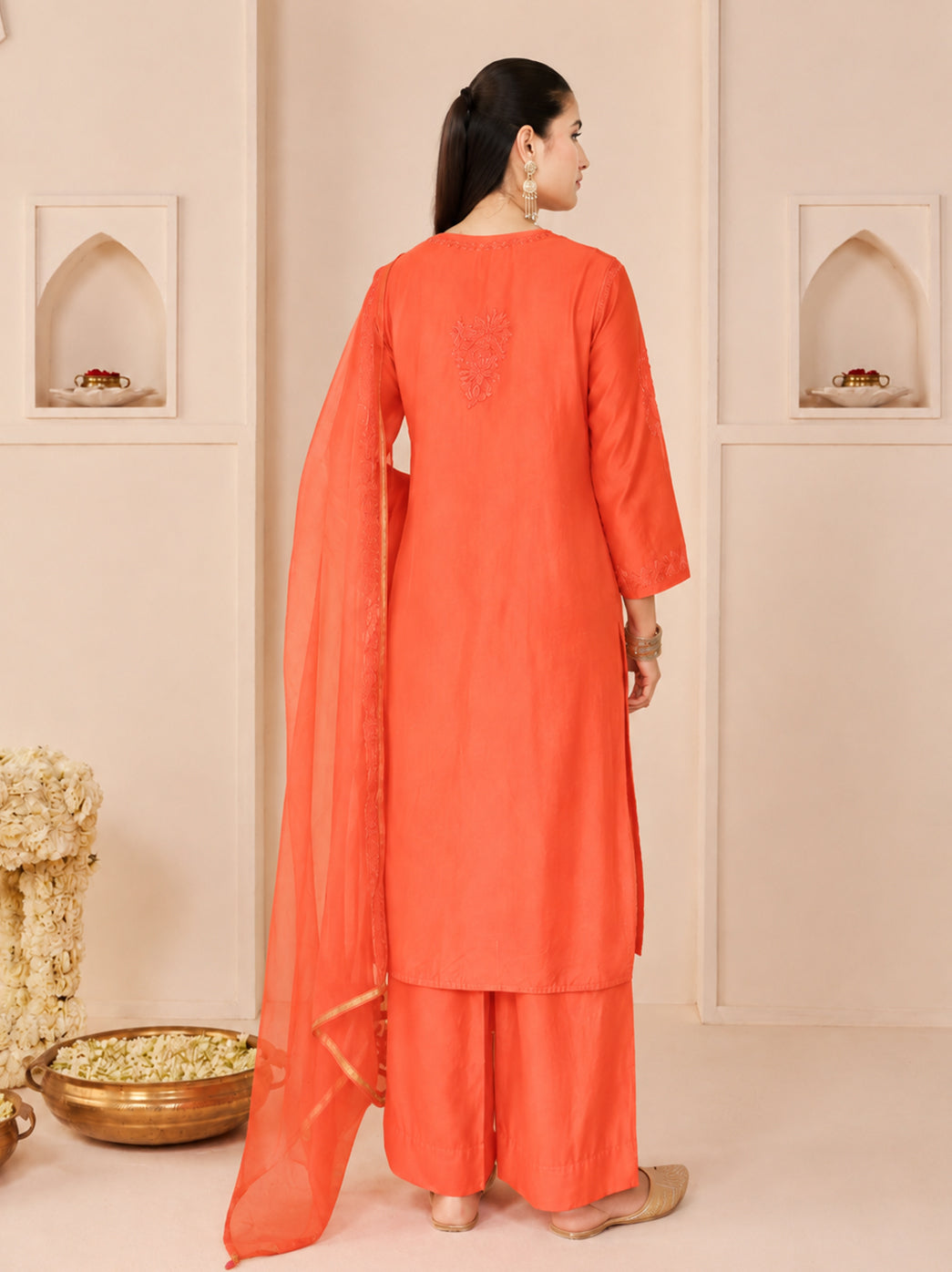 Women’s embroidered Chanderi straight kurti with pant and dupatta designed for festive celebrations, family gatherings, office occasions and traditional daywear.