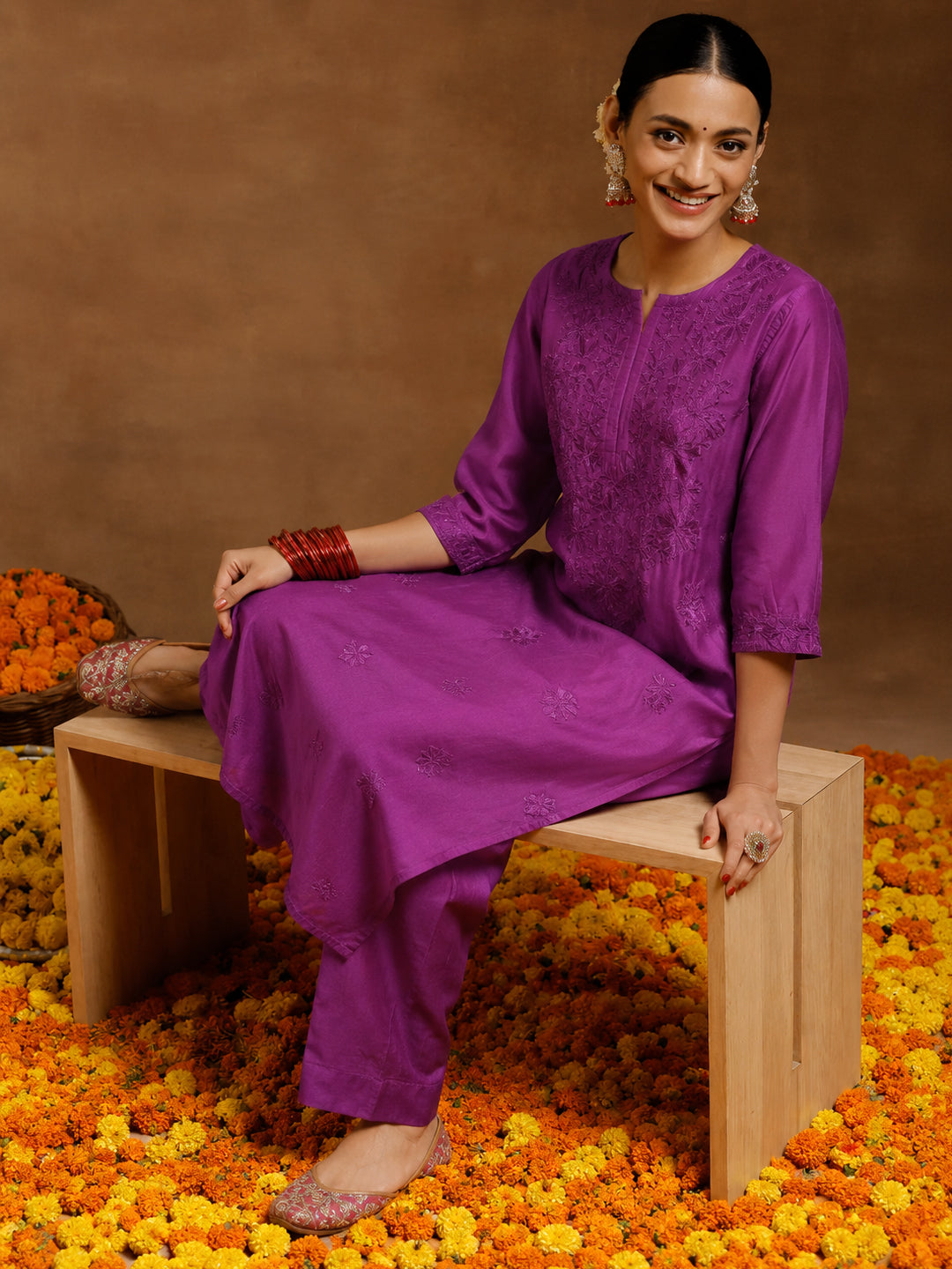 Elegant Chanderi Kurta Set with Dupatta for women featuring a straight embroidered kurti, matching pants and traditional dupatta for celebrations, pujas and special occasions.