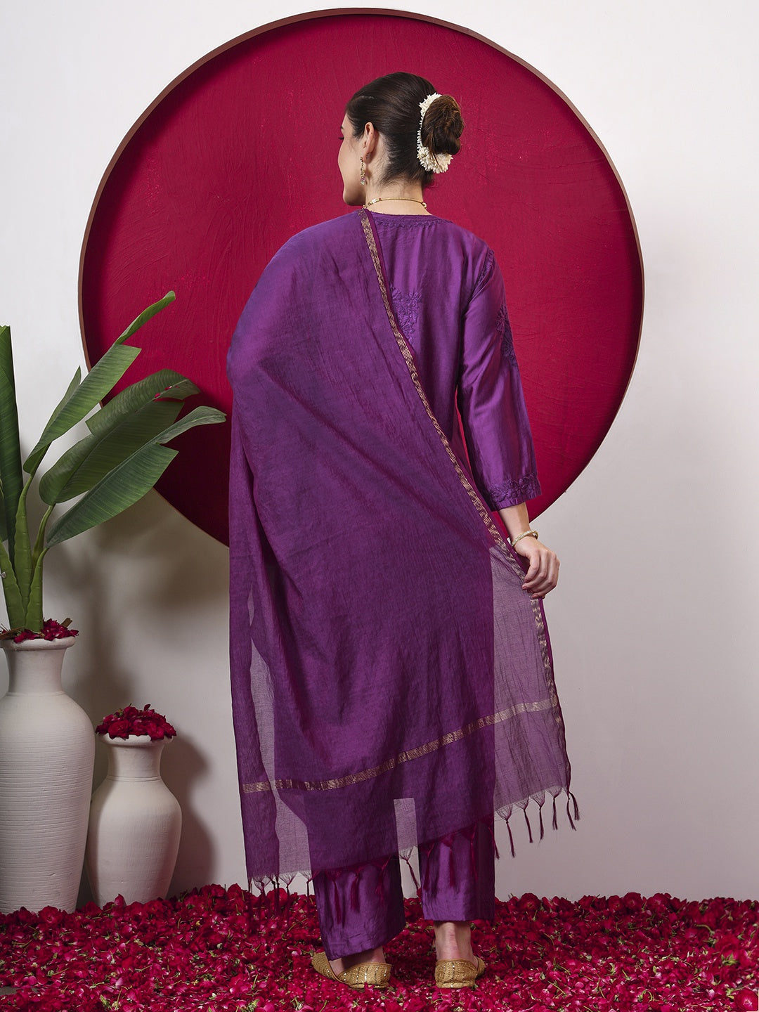 Hanshika Chanderi Chikankari Kurta Set with Dupatta - Purple