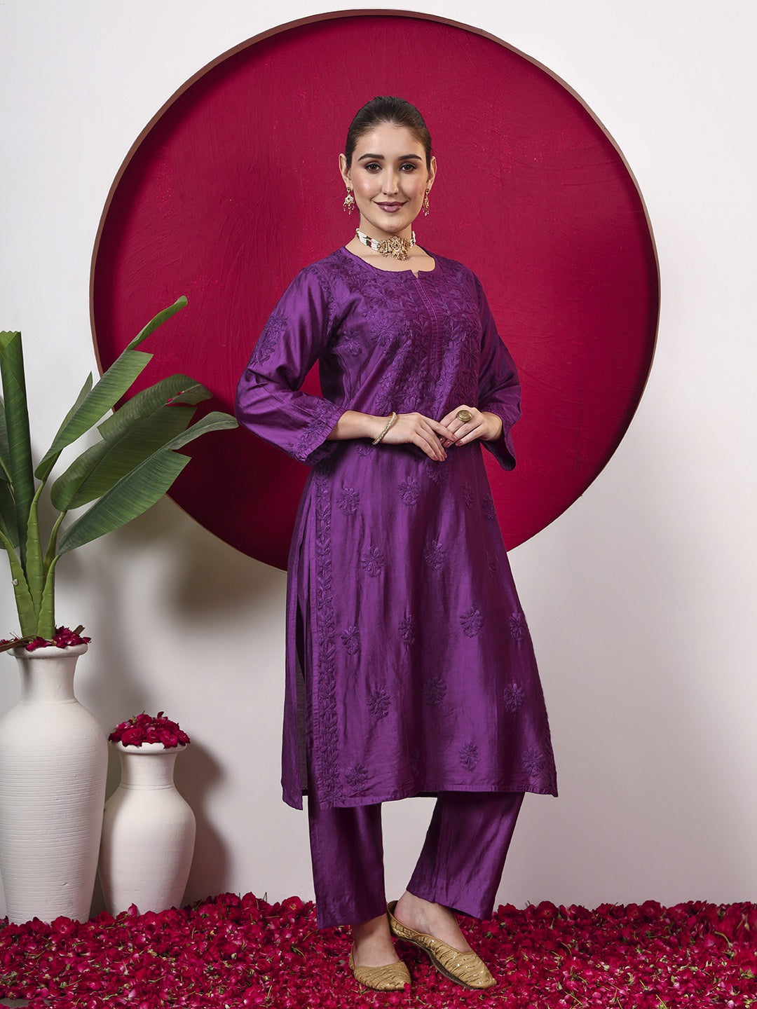 Hanshika Chanderi Chikankari Kurta Set with Dupatta - Purple