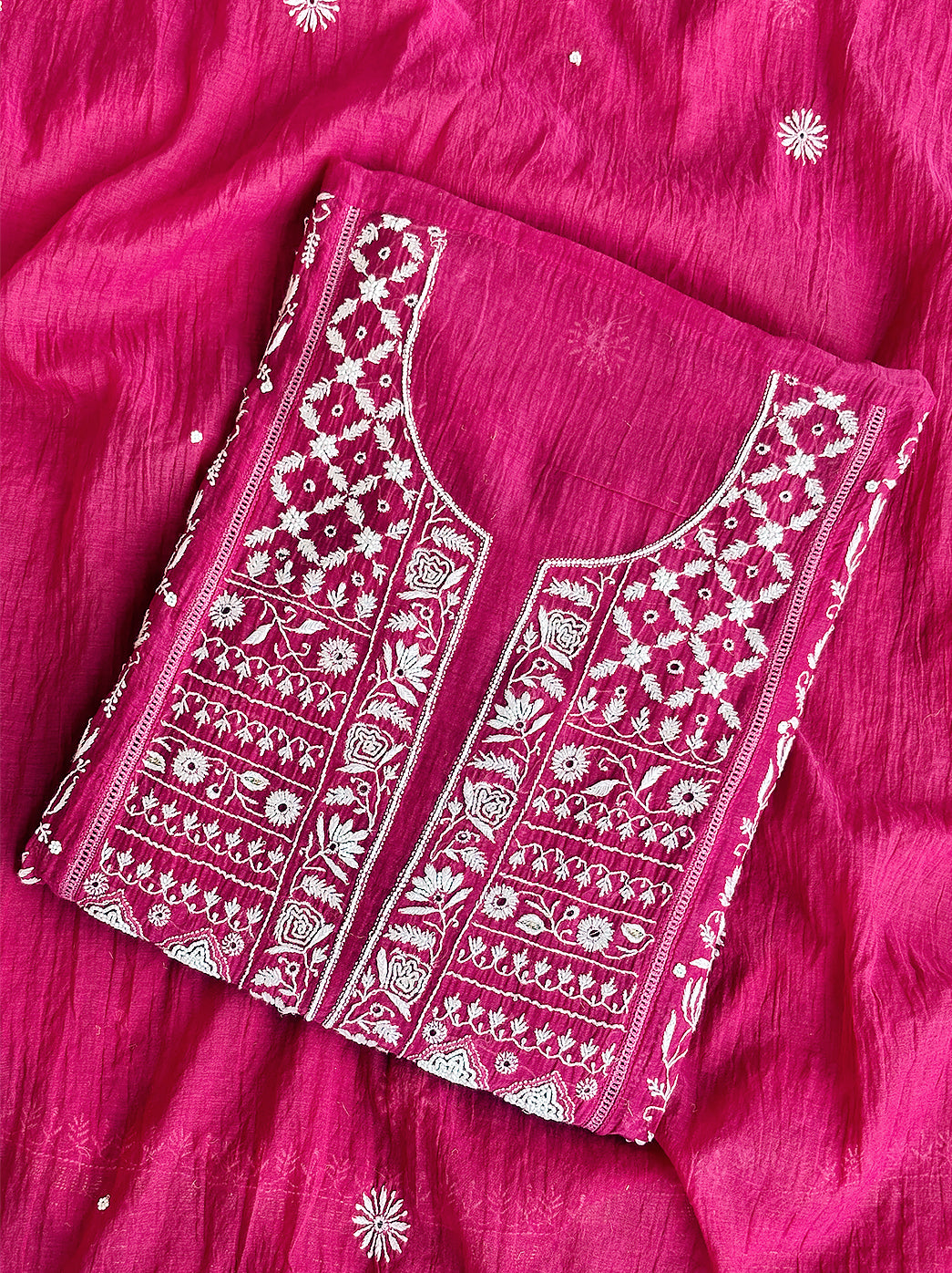 Hot Pink Mul Chanderi Un-stitched Chikankari Kurti Piece with Dupatta