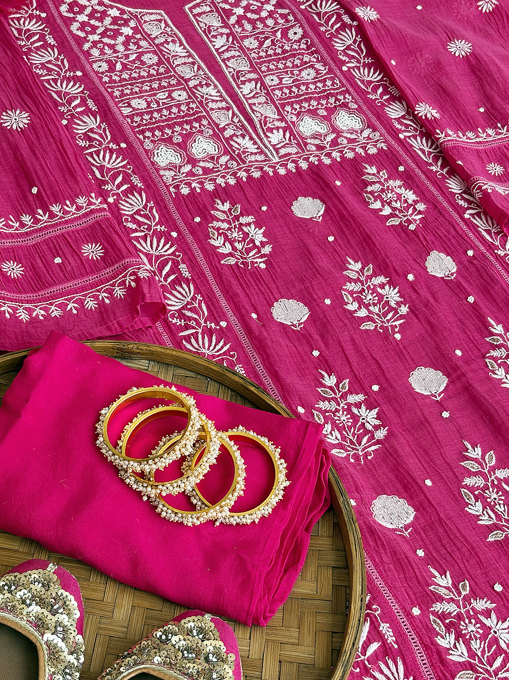 Hot Pink Mul Chanderi Un-stitched Chikankari Kurti Piece with Dupatta