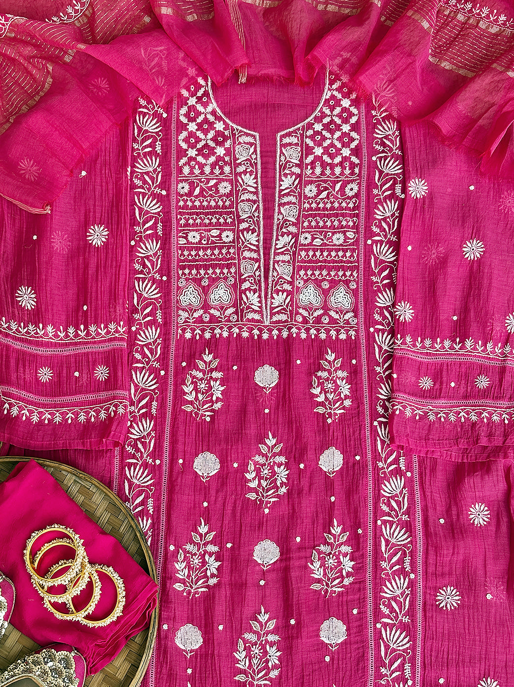 Hot Pink Mul Chanderi Un-stitched Chikankari Kurti Piece with Dupatta