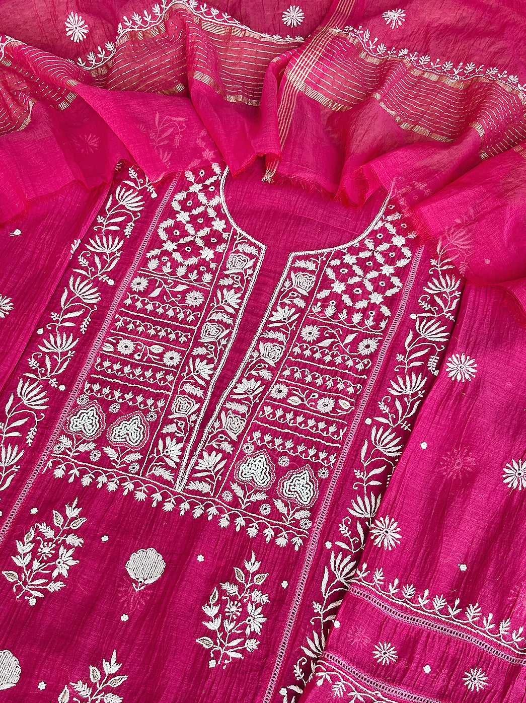 Hot Pink Mul Chanderi Un-stitched Chikankari Kurti Piece with Dupatta