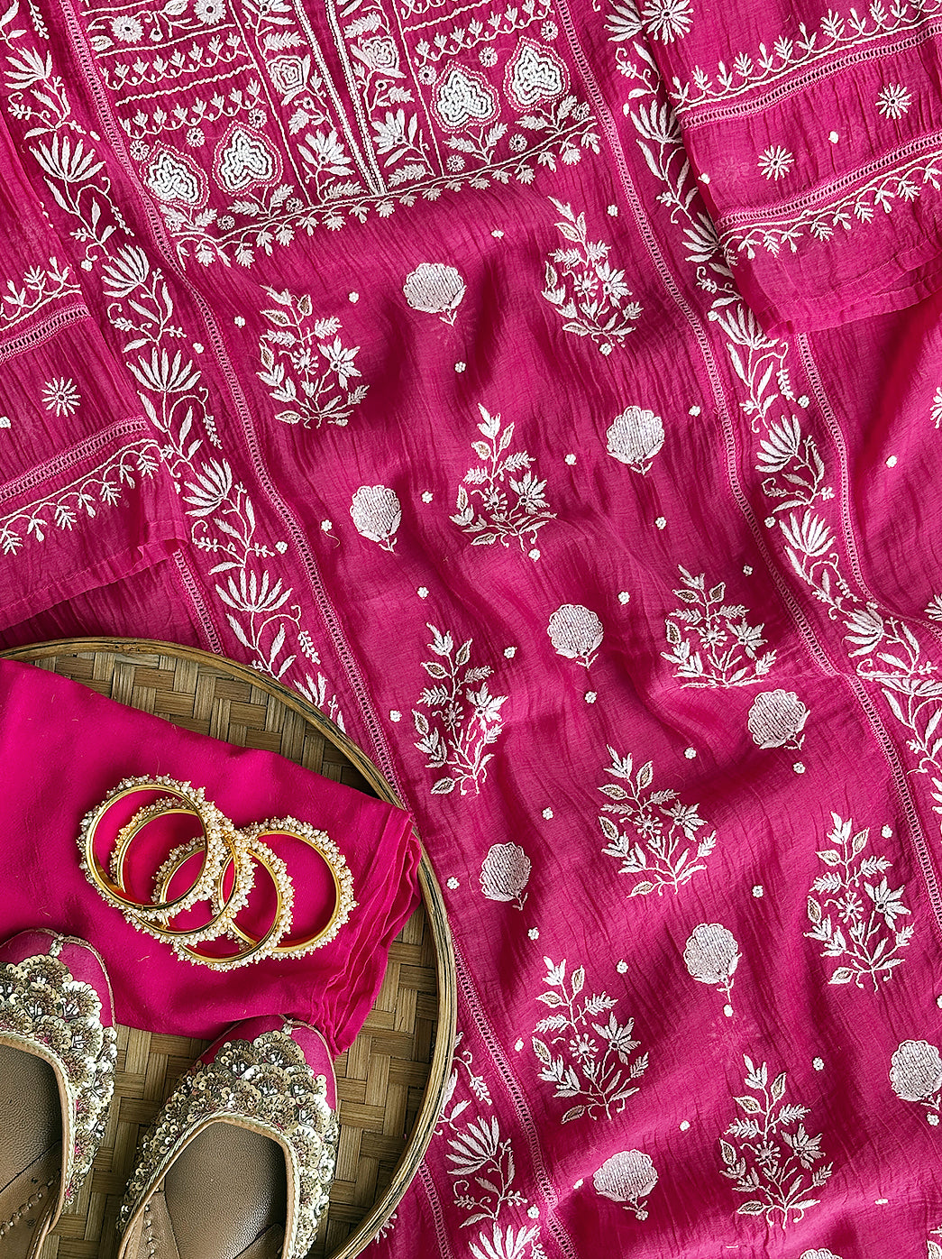 Hot Pink Mul Chanderi Un-stitched Chikankari Kurti Piece with Dupatta