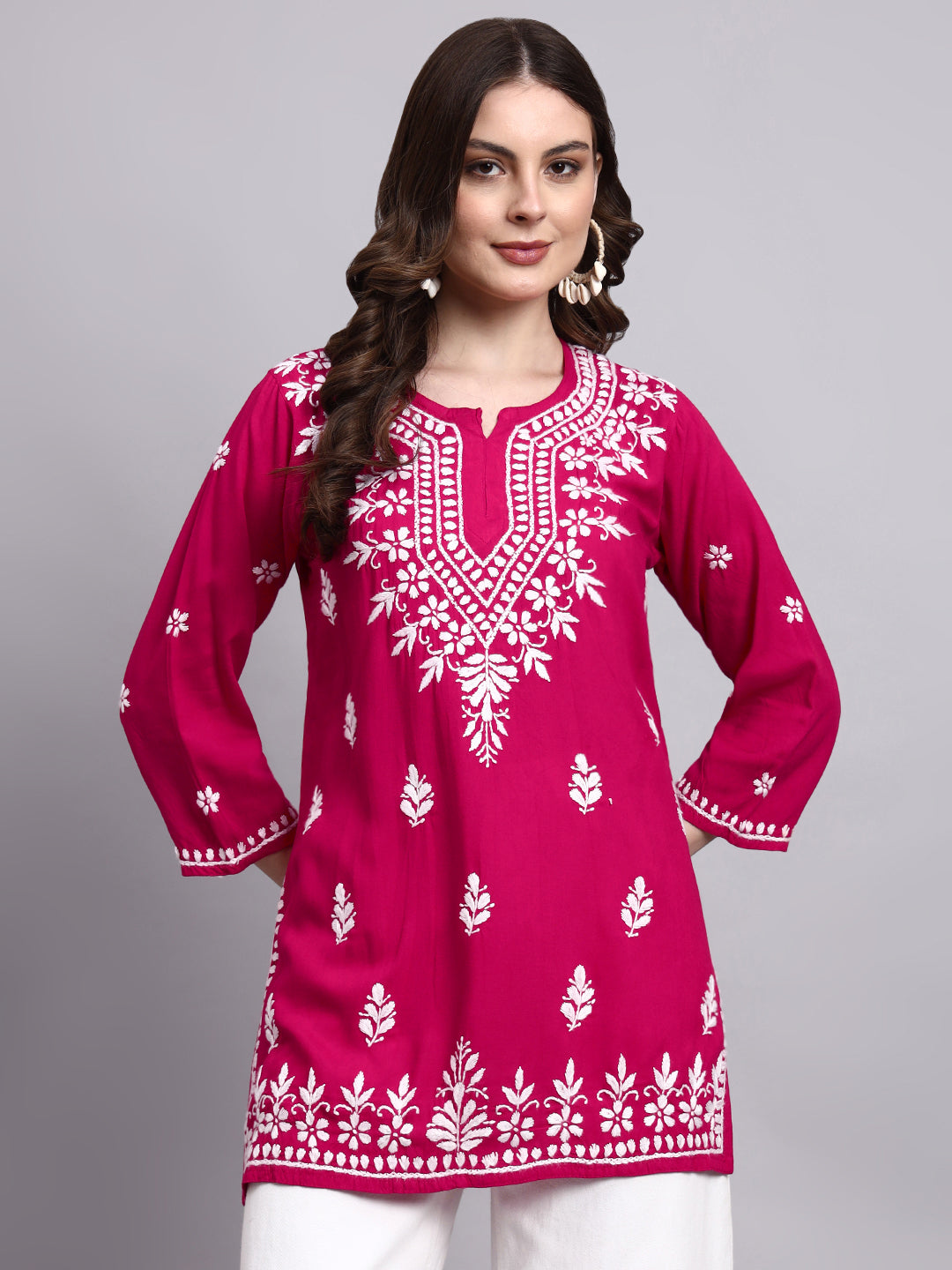Rayon handmade short kurta featuring intricate chikankari floral patterns for everyday elegance