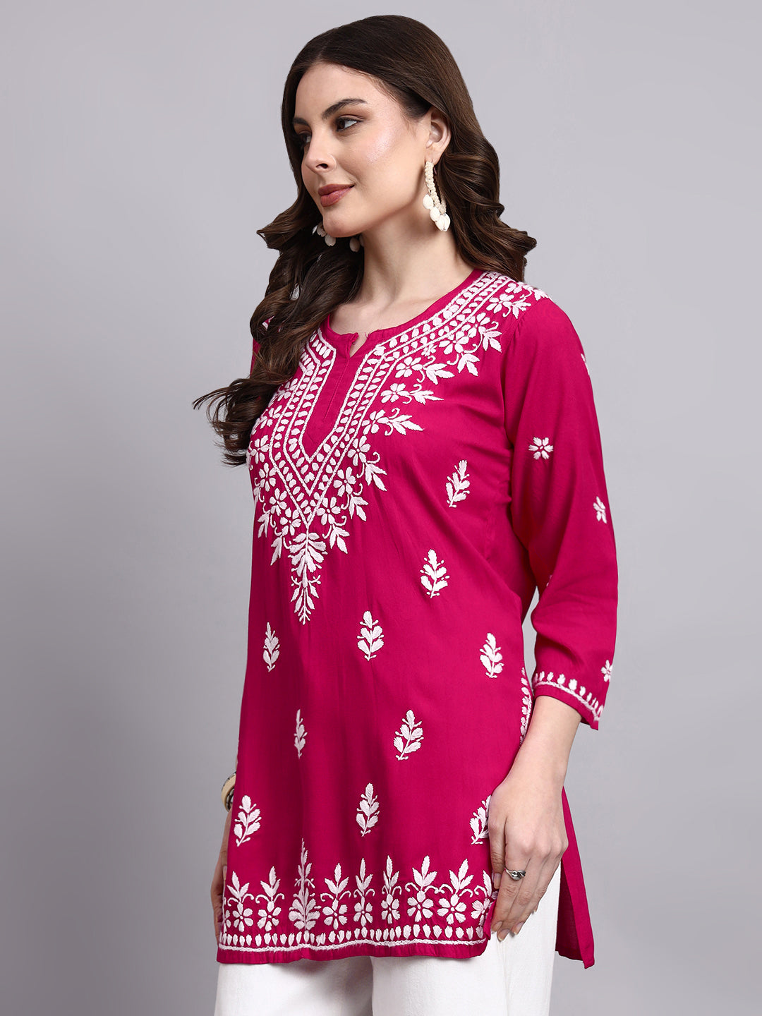 Traditional chikankari embroidered rayon short kurta designed for modern ethnic styling