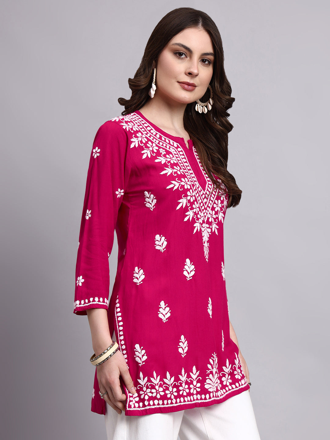 Women’s trending short kurta crafted in rayon with detailed hand embroidery work