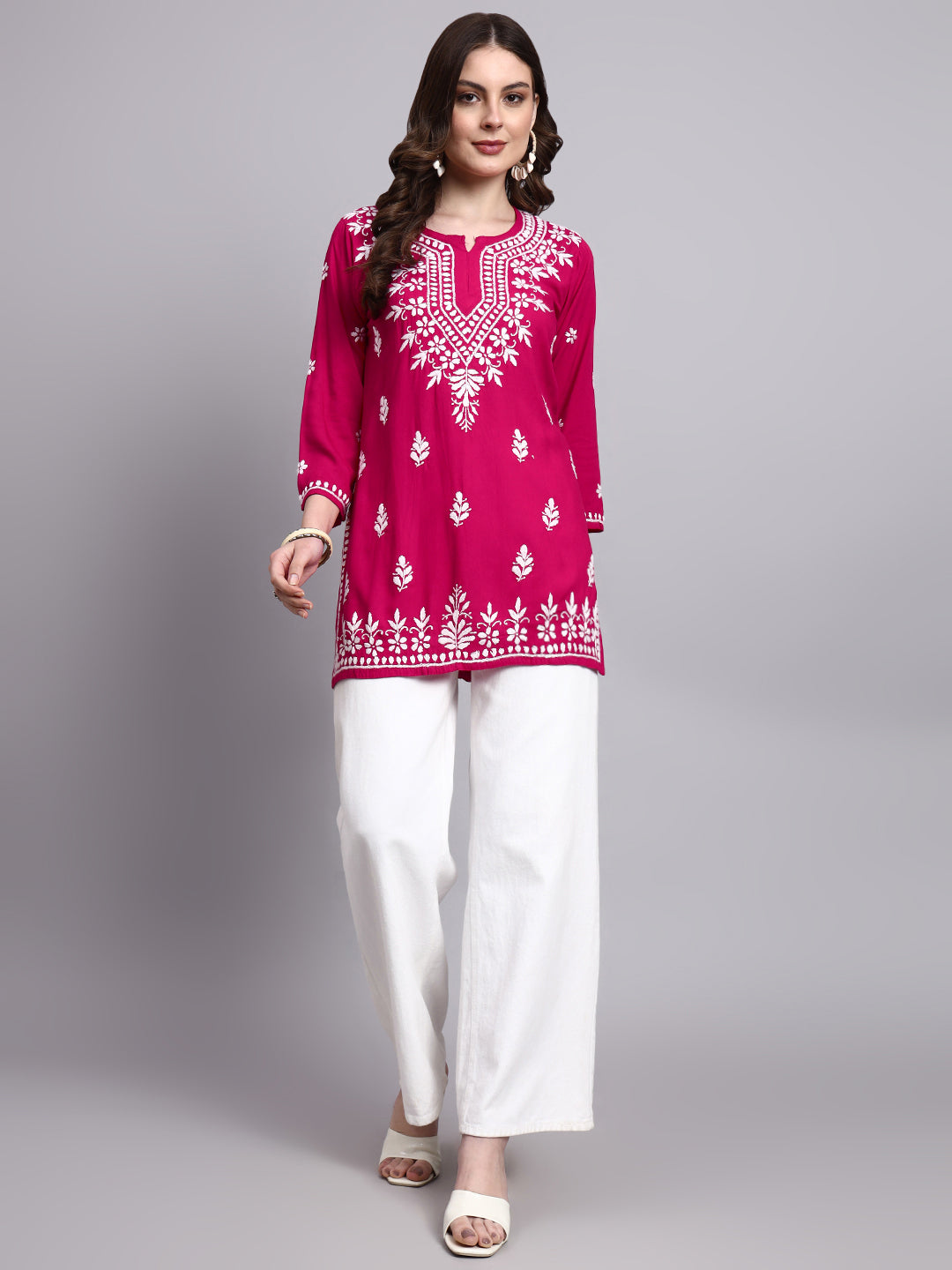 Rayon short kurta with authentic handmade chikankari work inspired by classic Indian craftsmanship