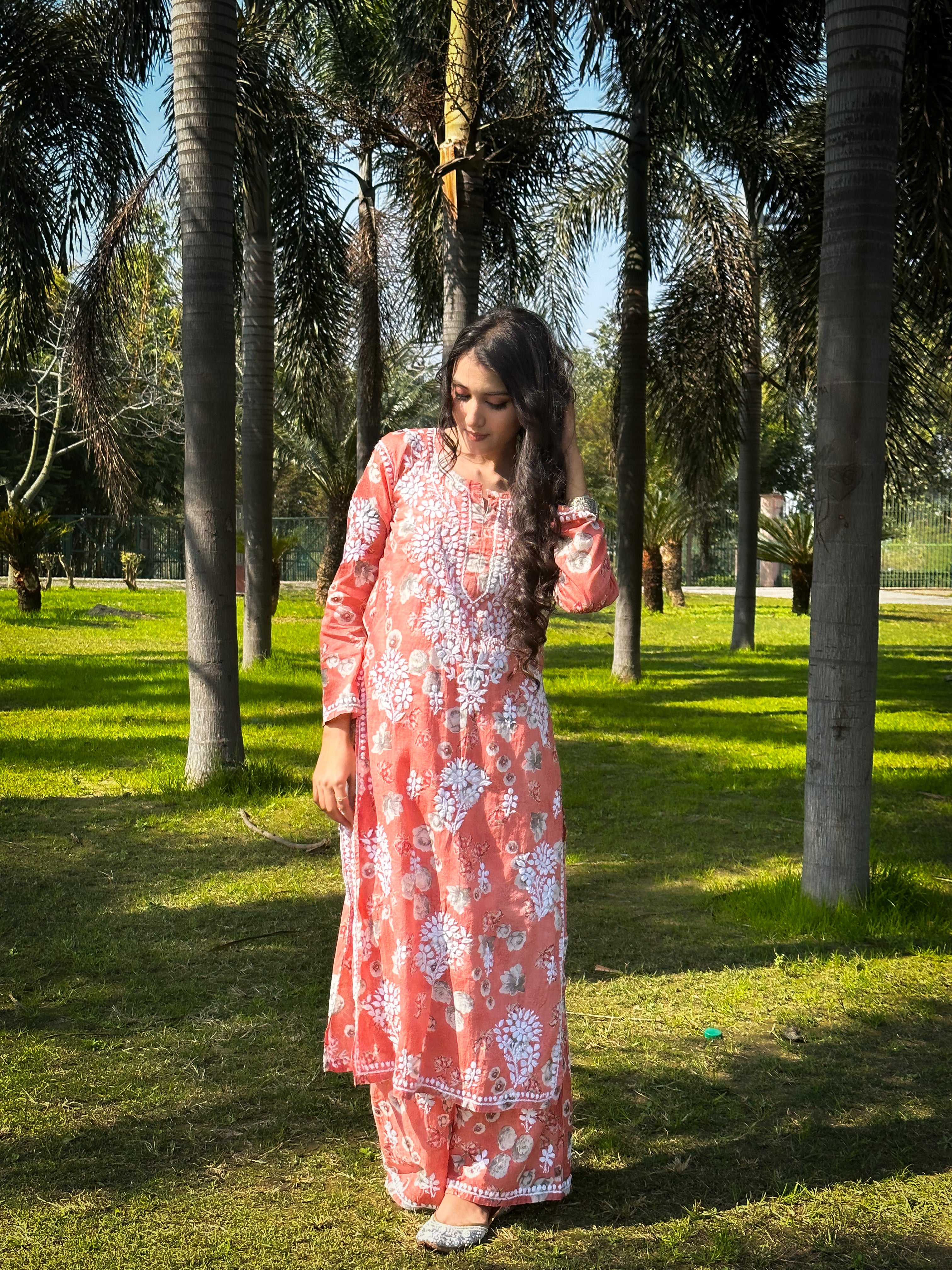 Afiya Mulmul Cotton Chikankari Kurta Set -Coral