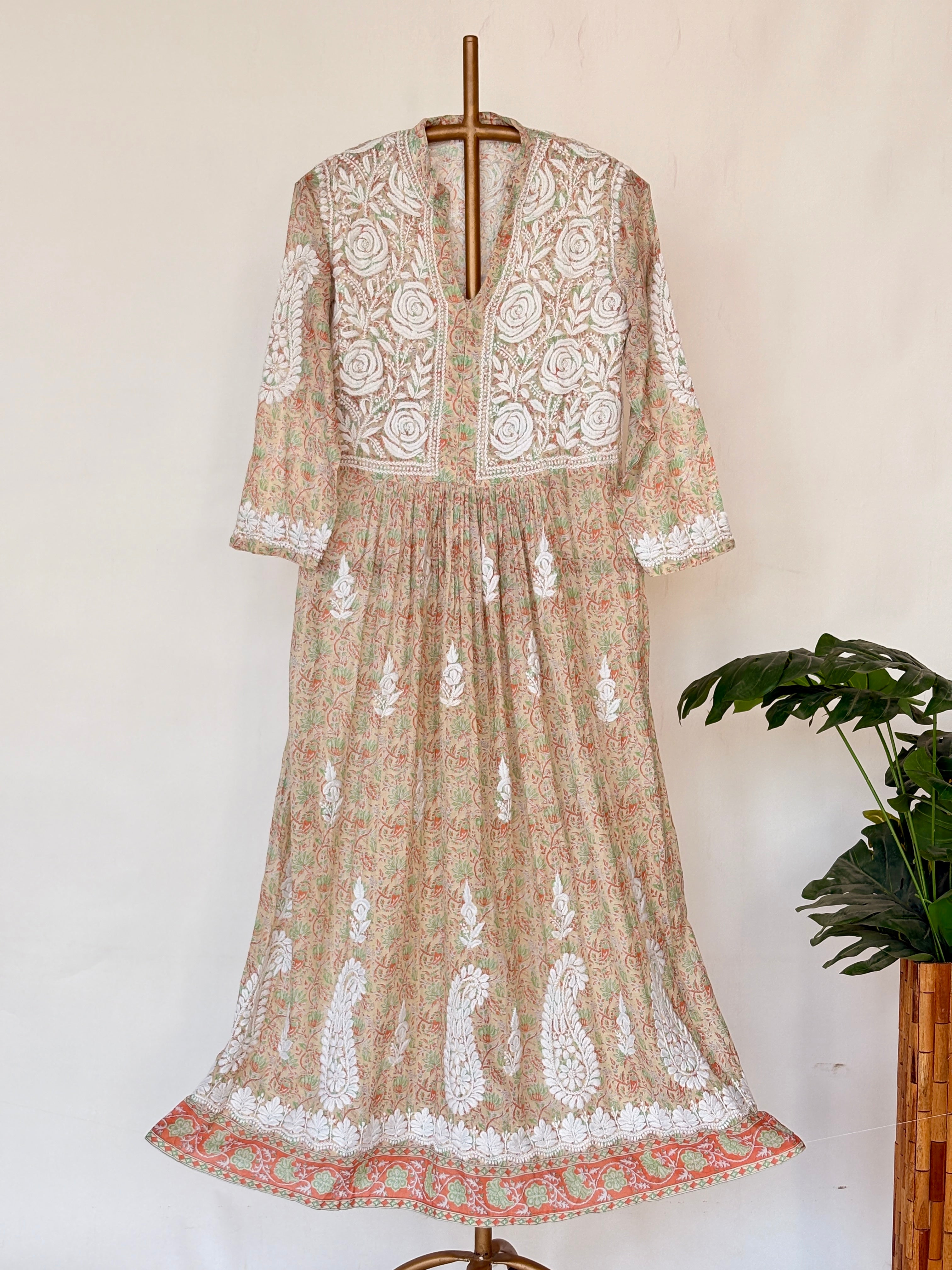 Orange Mulmul Chikankari Anarkali Kurti