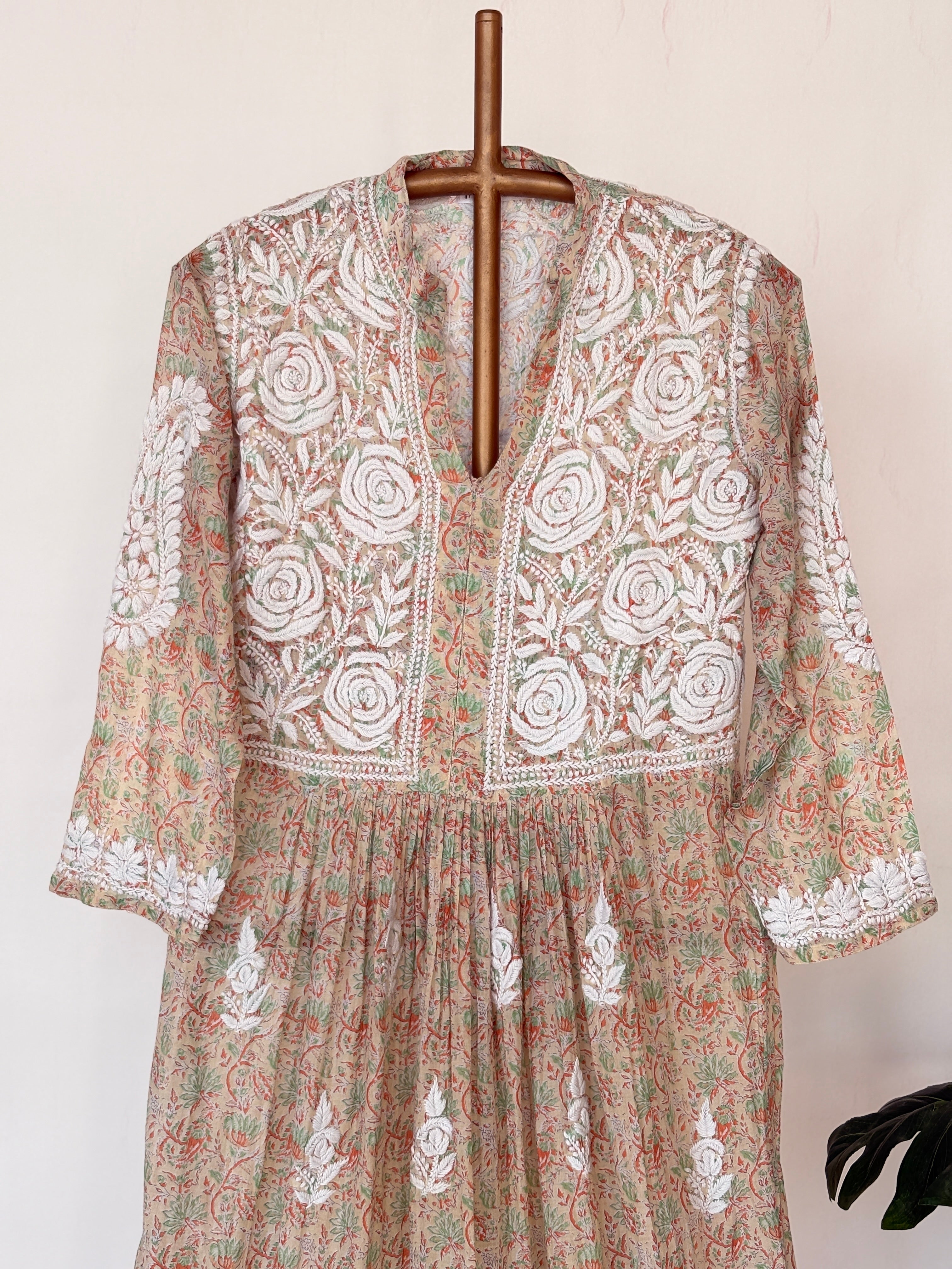 Orange Mulmul Chikankari Anarkali Kurti