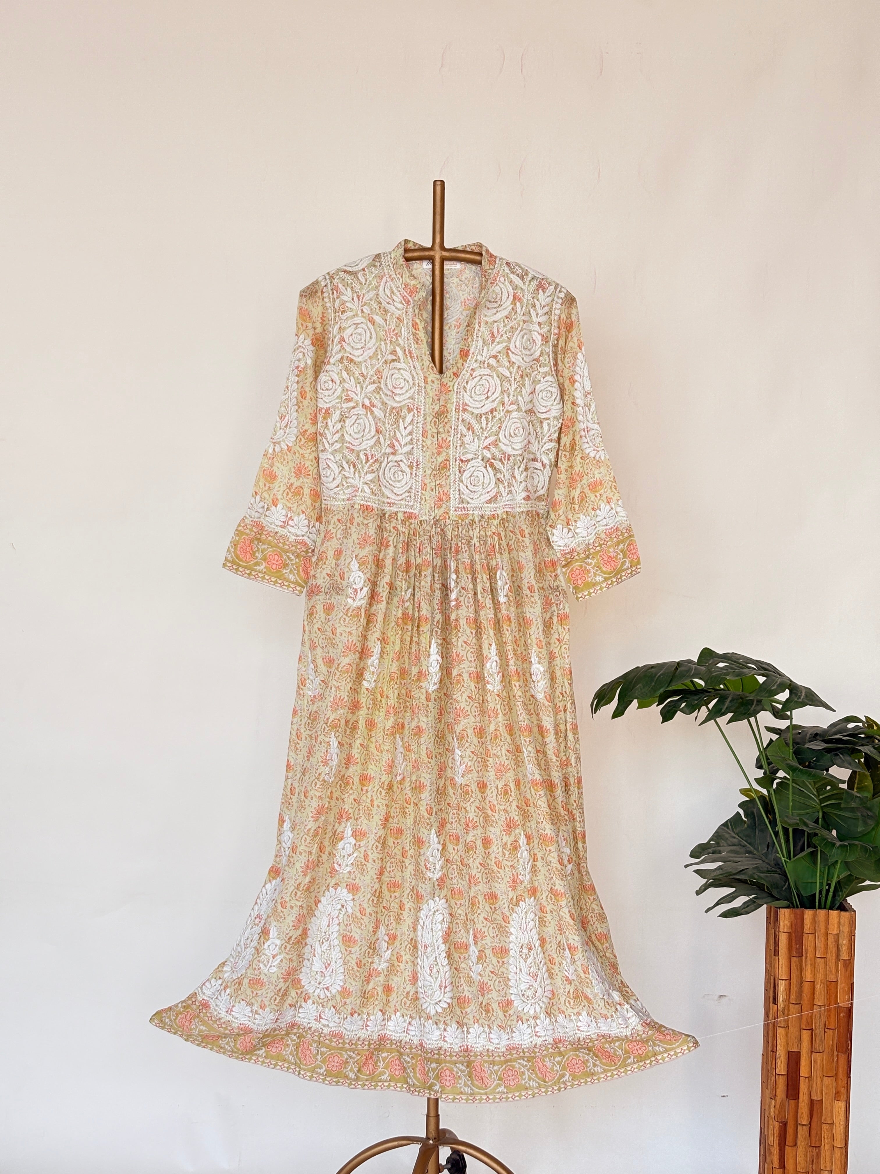 Pista Green Mulmul Chikankari Anarkali Kurti