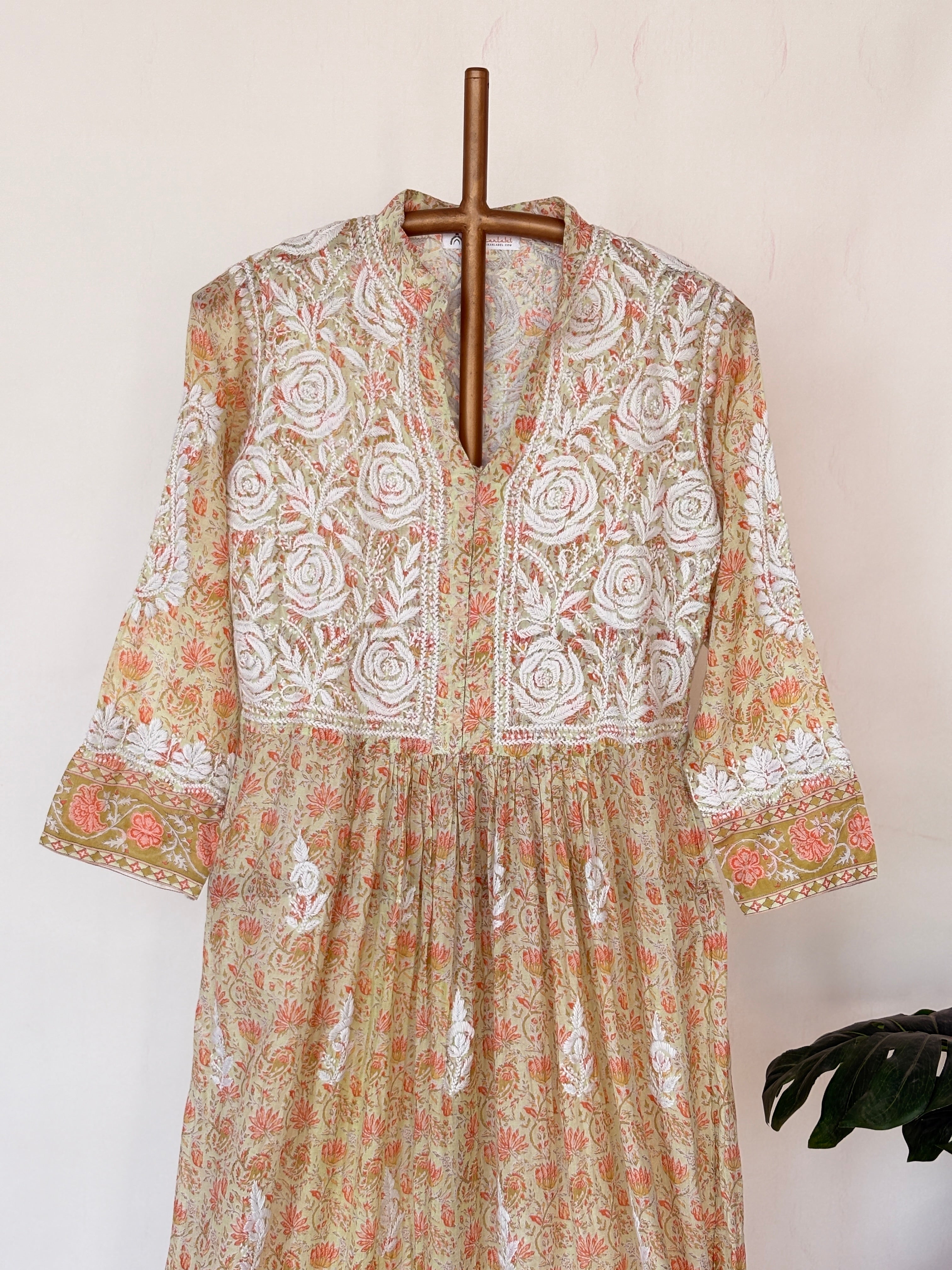 Pista Green Mulmul Chikankari Anarkali Kurti