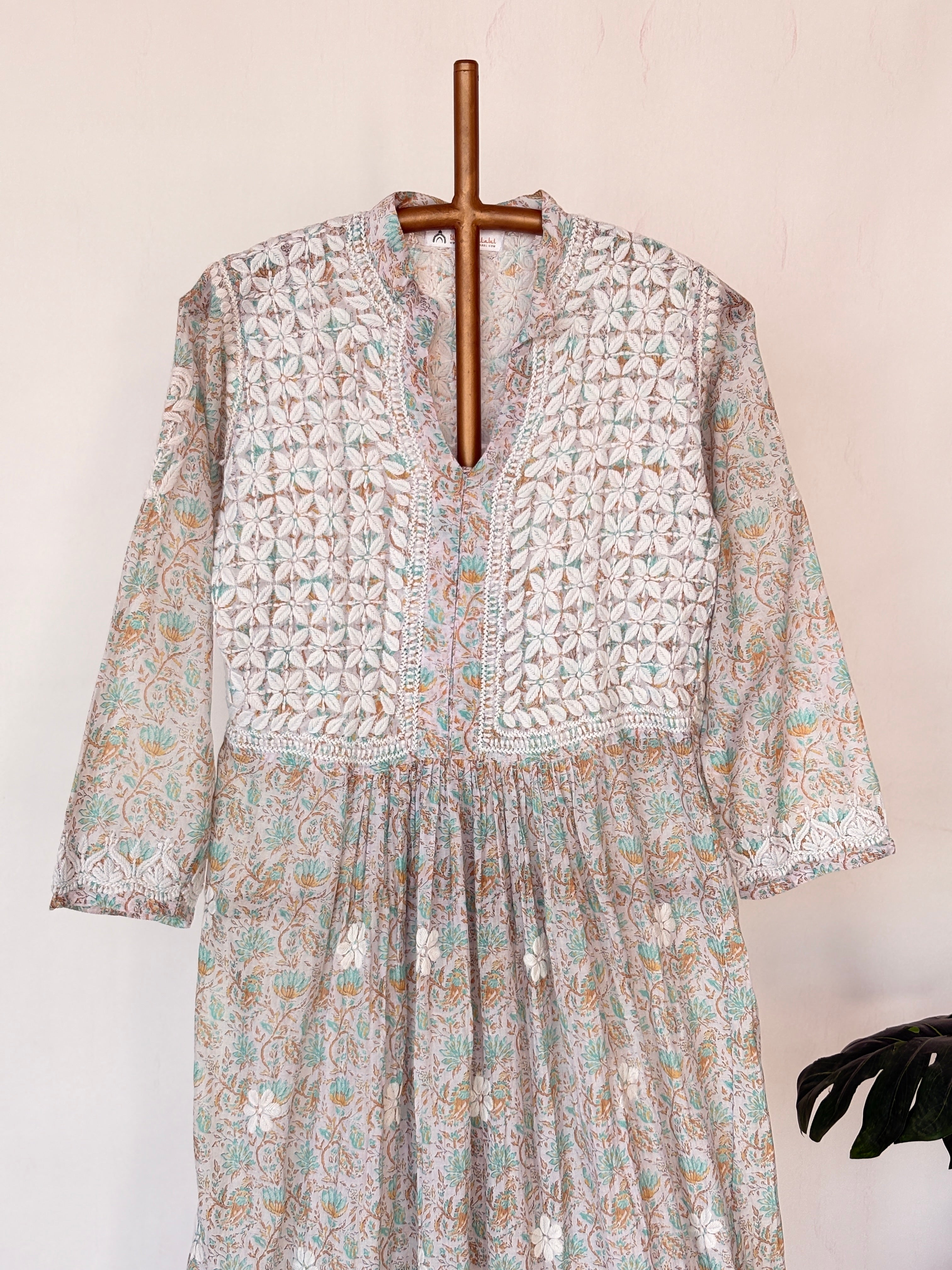 Sea Green Mulmul Chikankari Anarkali Kurti