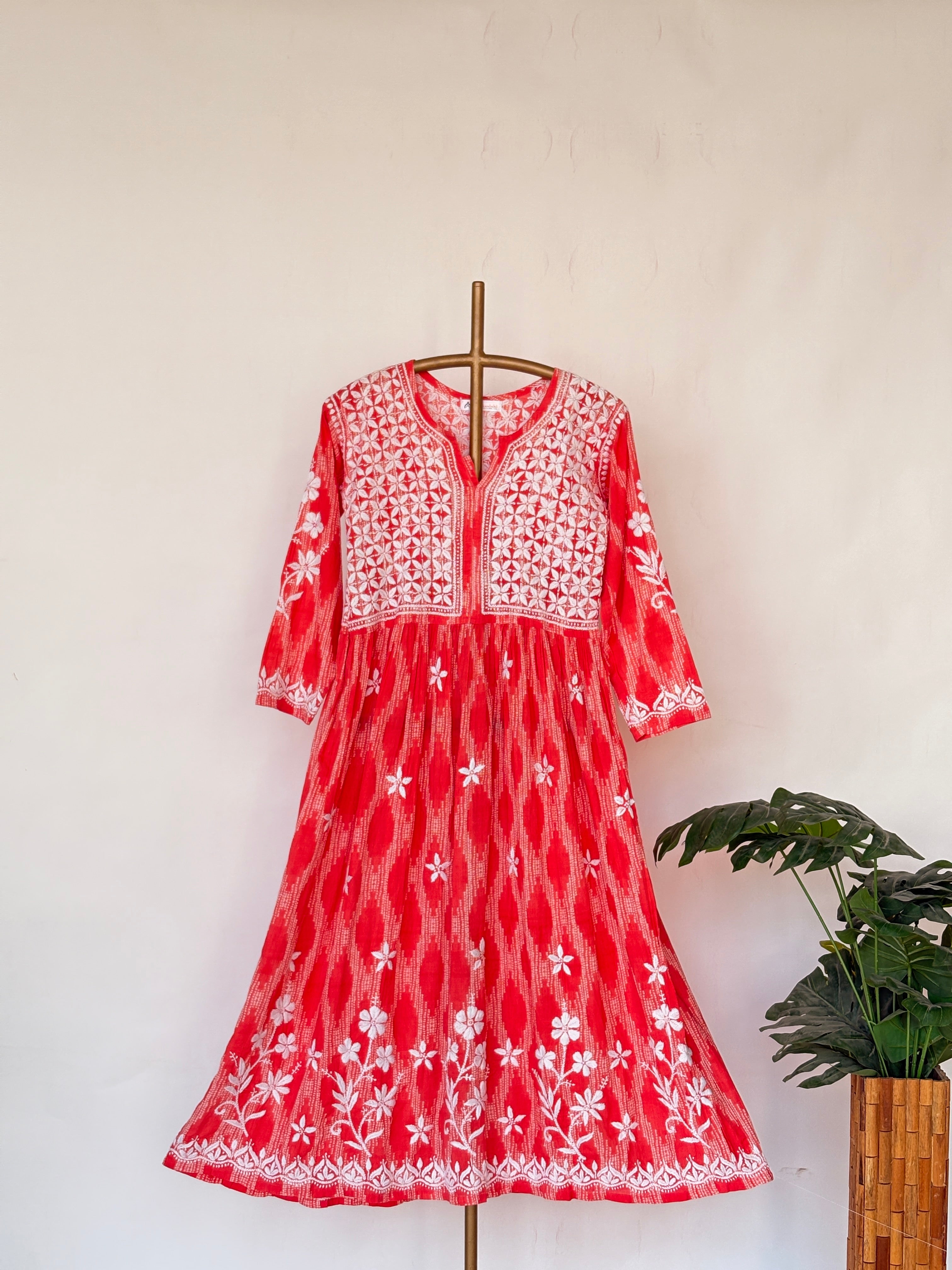 Peach Mulmul Chikankari Anarkali Kurta