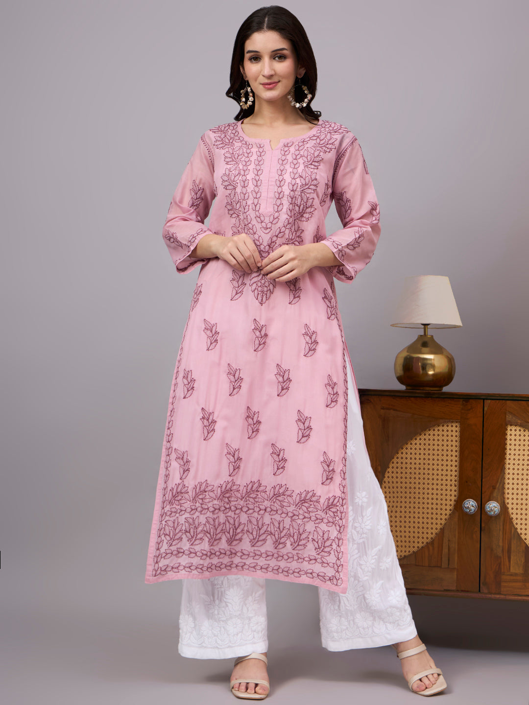 Women's Cotton Straight Kurti with authentic handcrafted Chikankari embroidery and soft inner lining, designed for comfortable regular wear, office wear, and casual ethnic styling.