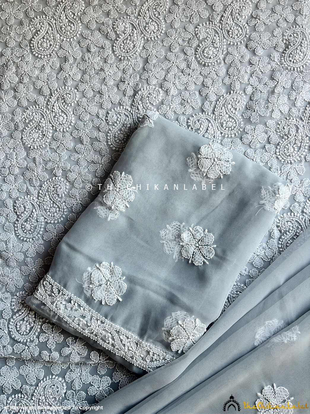 “Elegant unstitched georgette chikankari kurti fabric and dupatta set crafted with artisan embroidery”