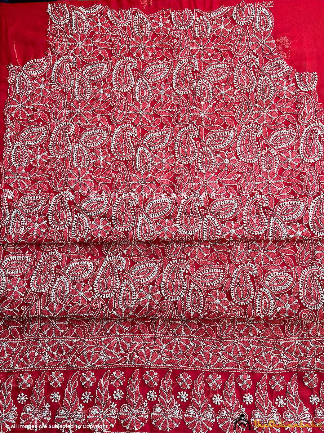 “Georgette chikankari suit material with dupatta highlighting traditional motifs and delicate threadwork”