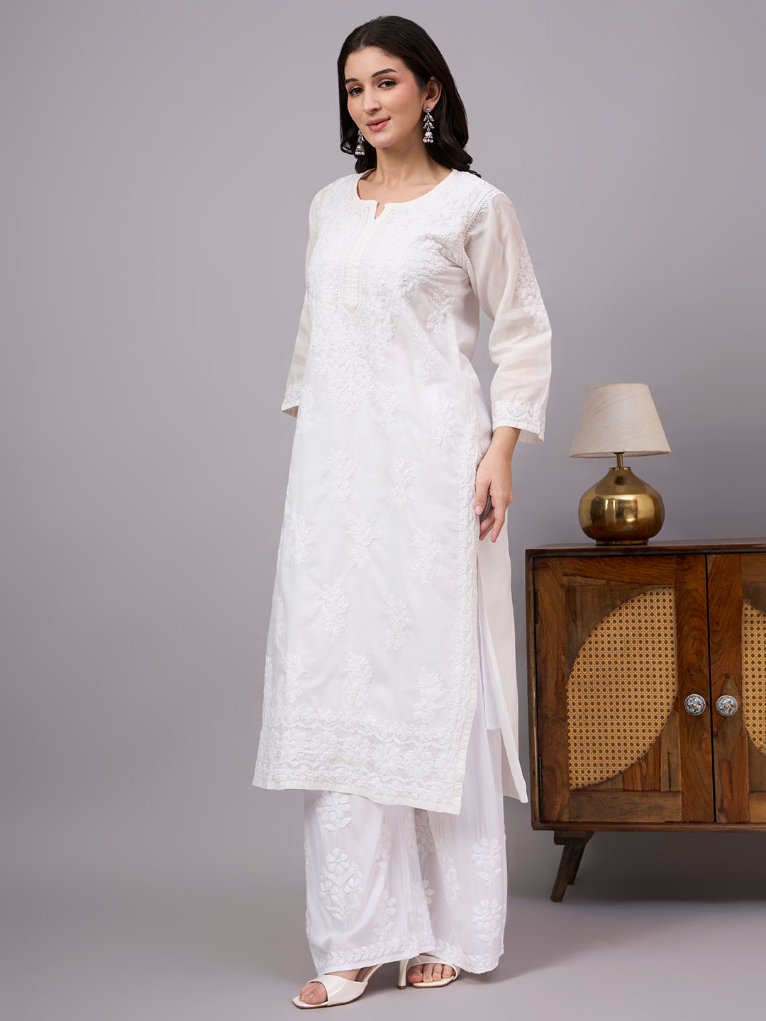 Traditional Cotton kurta with inner featuring artisan-crafted Chikankari embroidery, straight-cut design, and lightweight comfort for modern ethnic wardrobes.