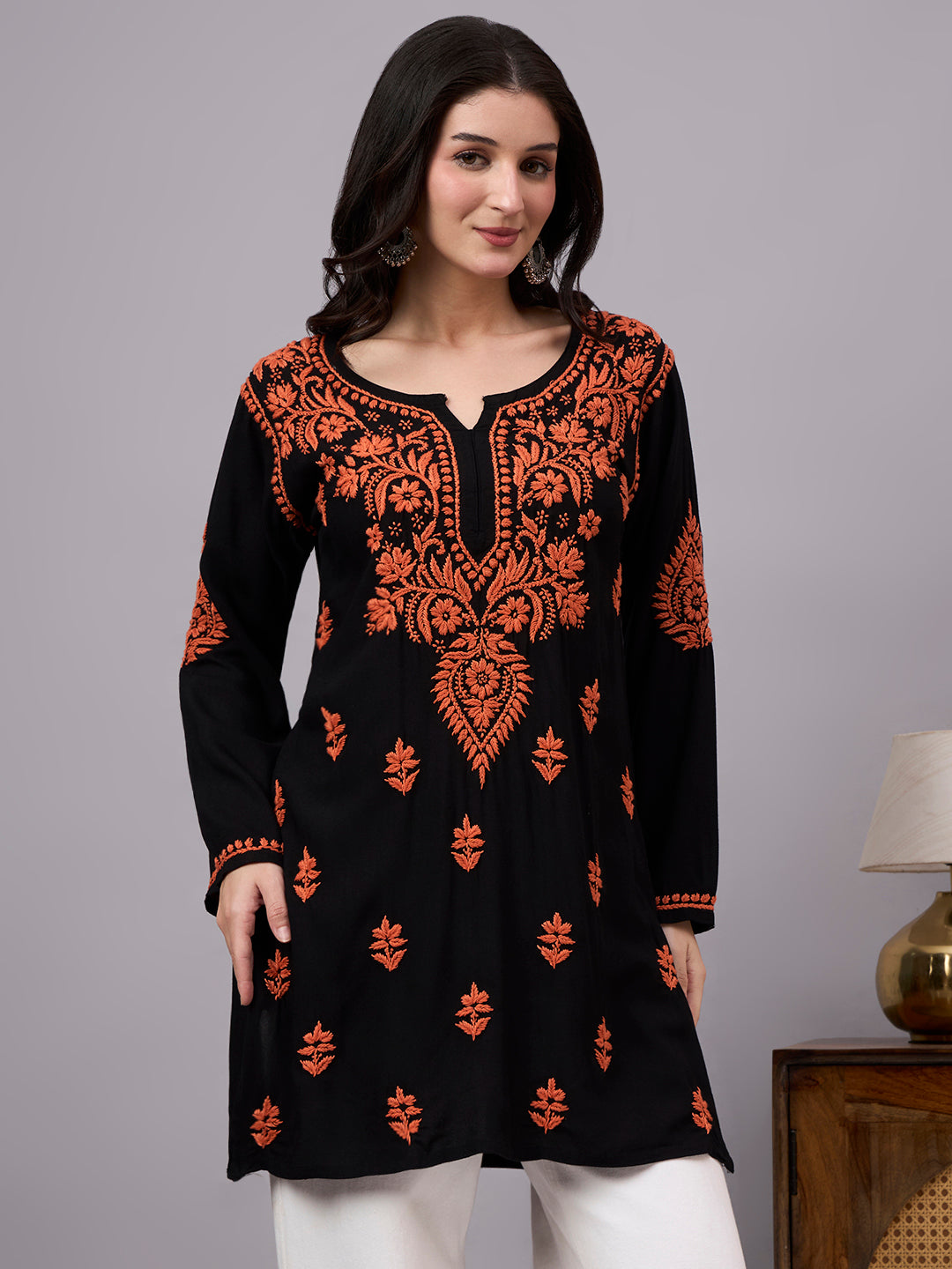 Women's Rayon Short Kurta featuring authentic handcrafted Chikankari embroidery with a modern short silhouette, designed for comfortable everyday ethnic styling.