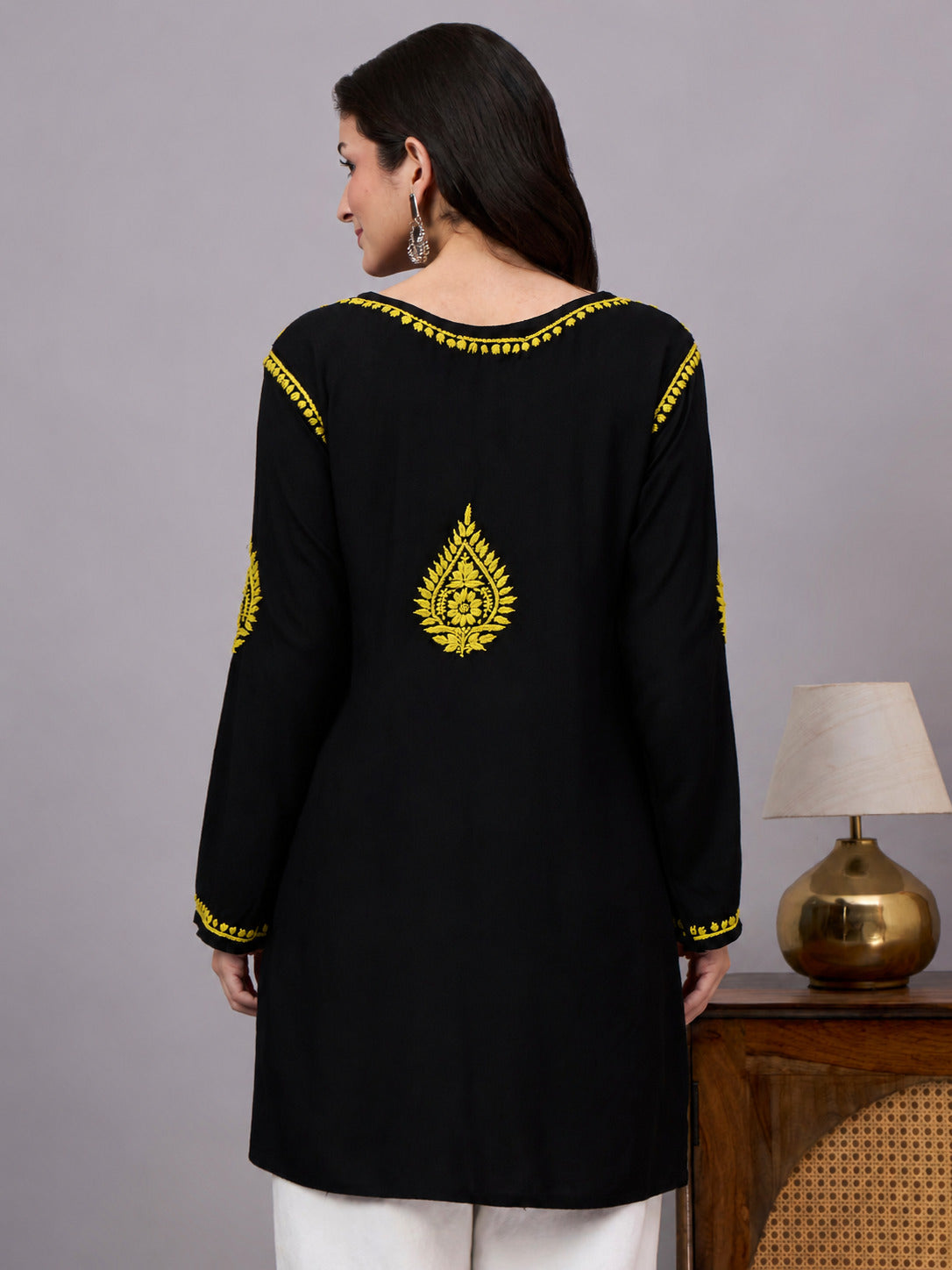 Elegant Rayon Short Kurta showcasing traditional Lucknow Chikankari craftsmanship with breathable fabric, full sleeves, and versatile daily wear appeal.