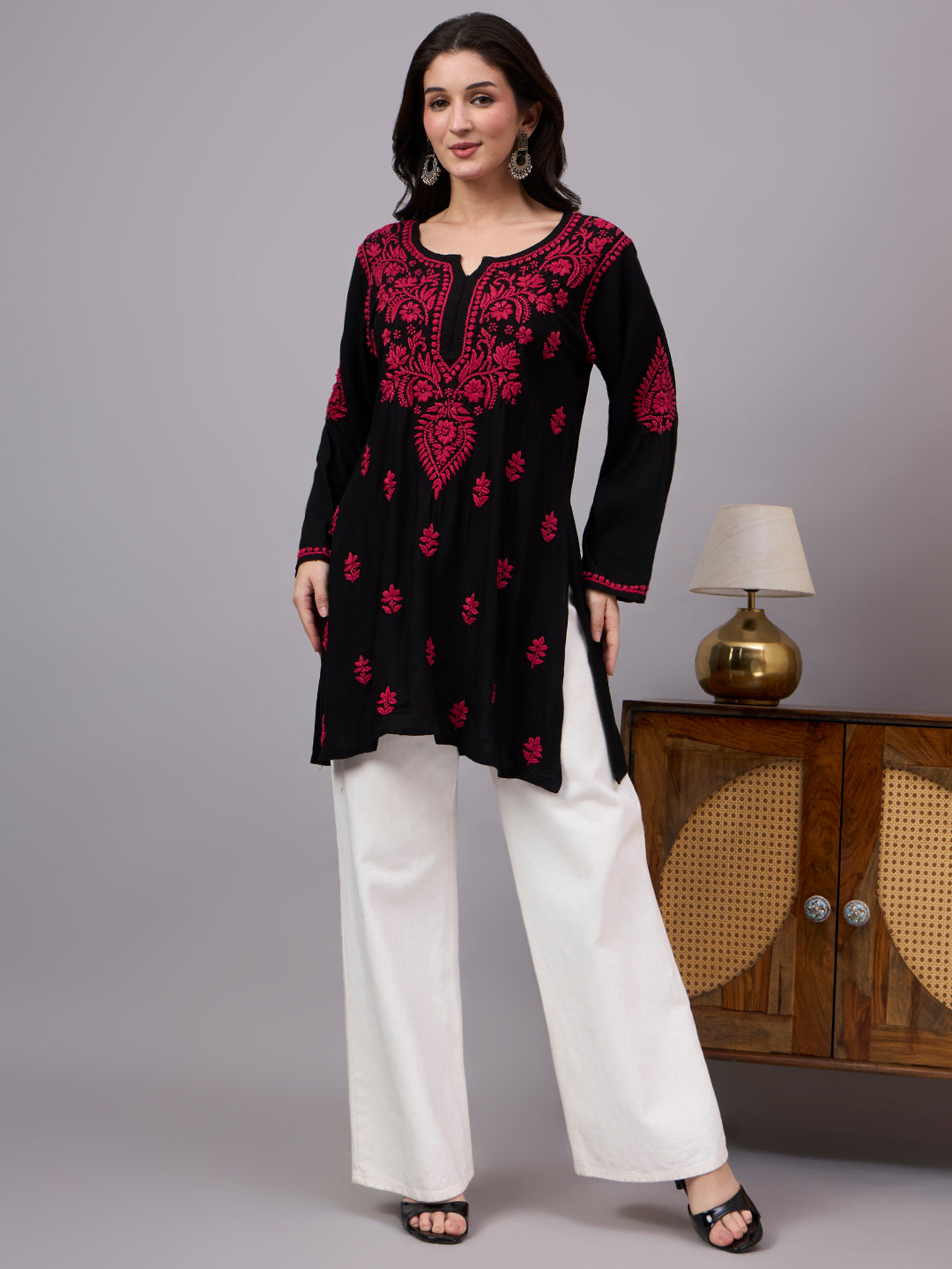 Everyday Rayon Short Kurta featuring handcrafted artisan embroidery, easy-to-style design, and comfortable fabric for workwear and casual fashion.