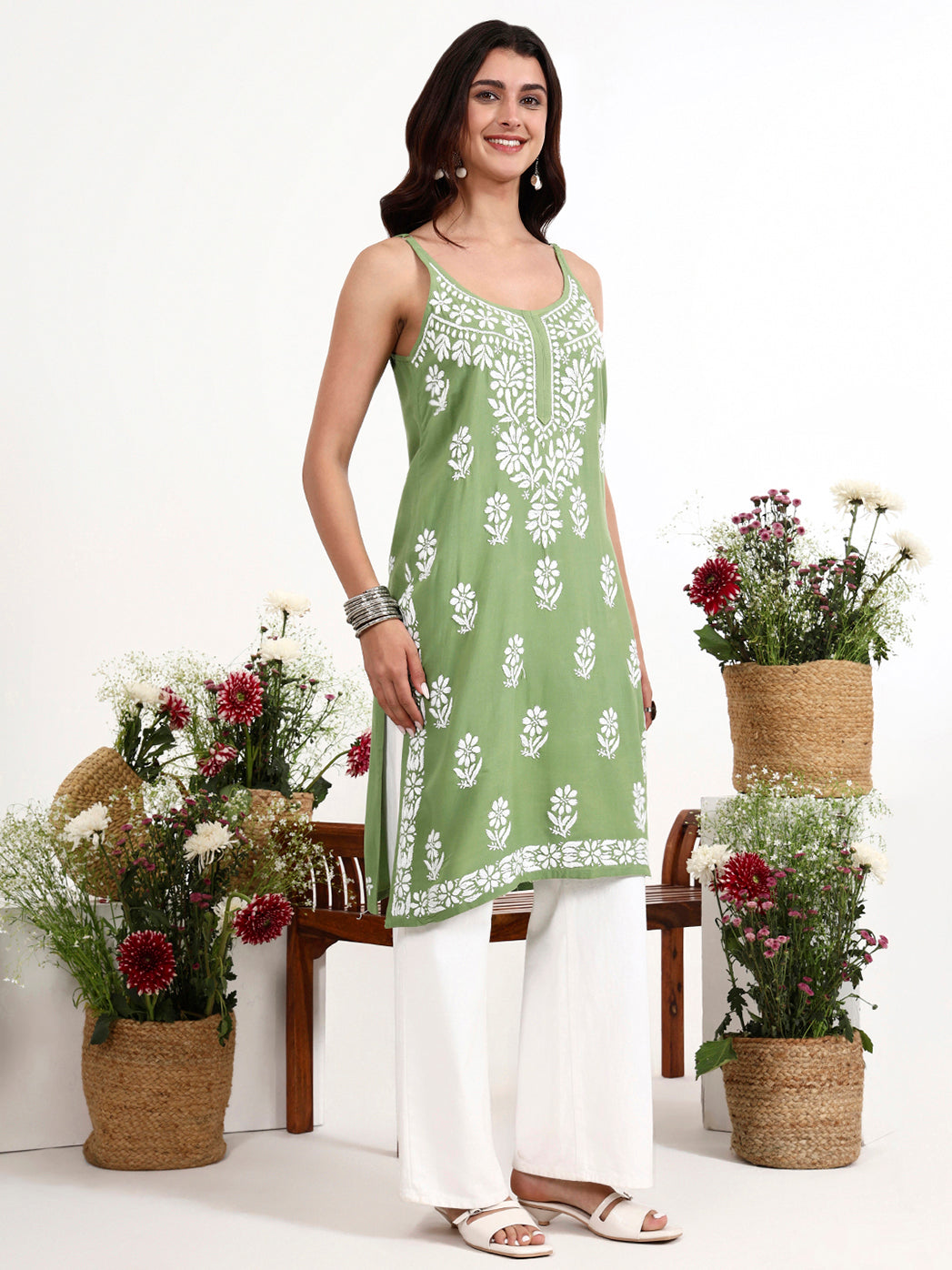 Stylish chikankari strappy kurta suitable for casual outings and summer wear