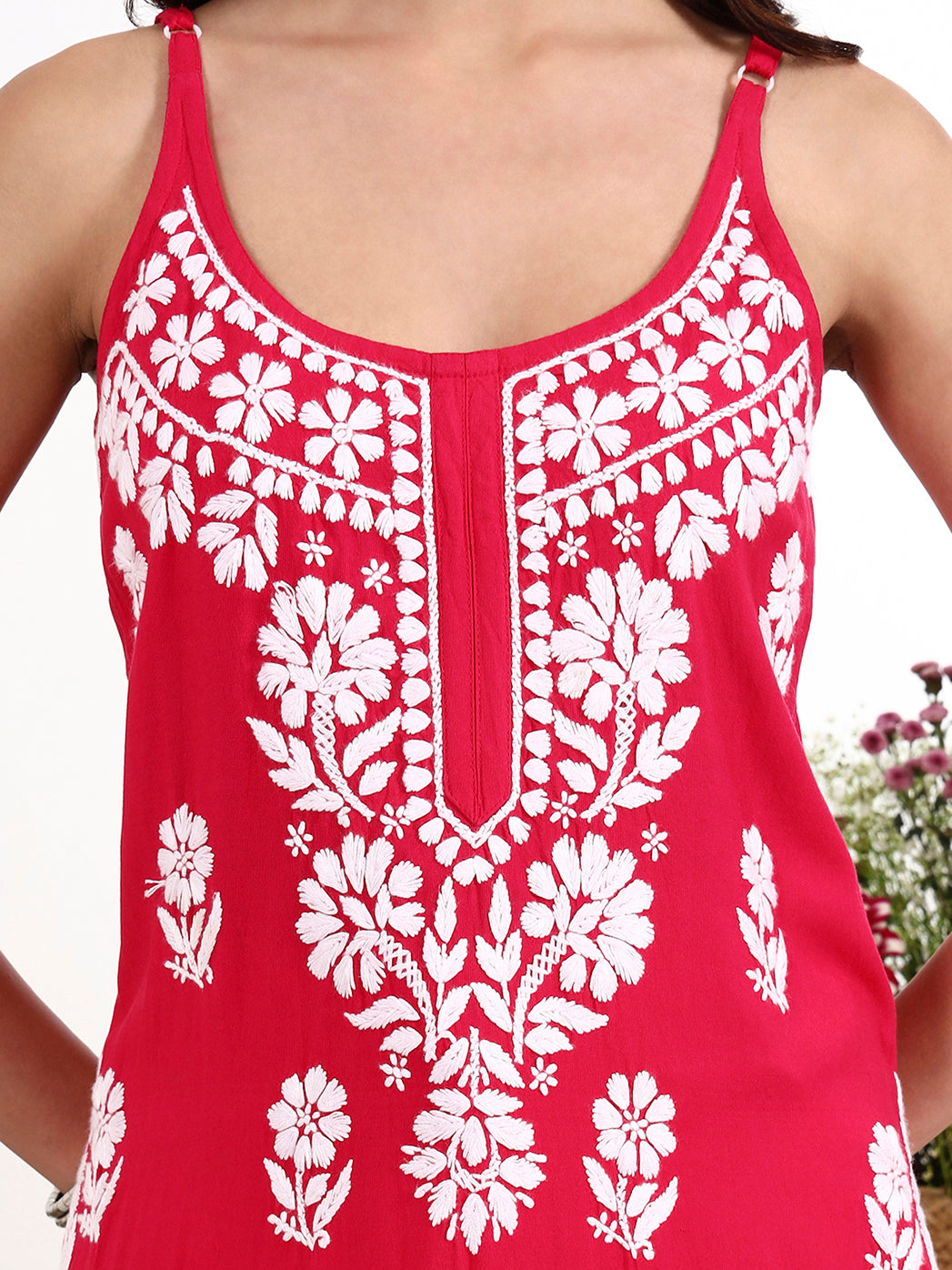 Traditional chikankari embroidery kurta in sleeveless strappy style for contemporary fashion