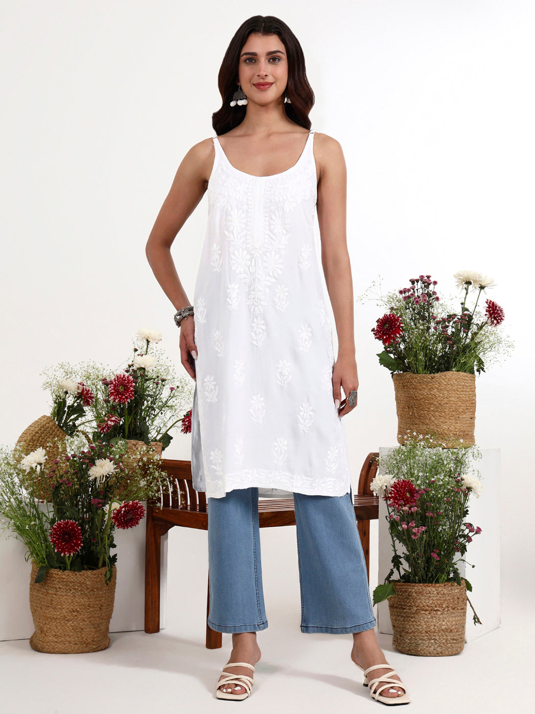Women ethnic wear chikankari strappy kurta with delicate embroidery and flowy silhouette