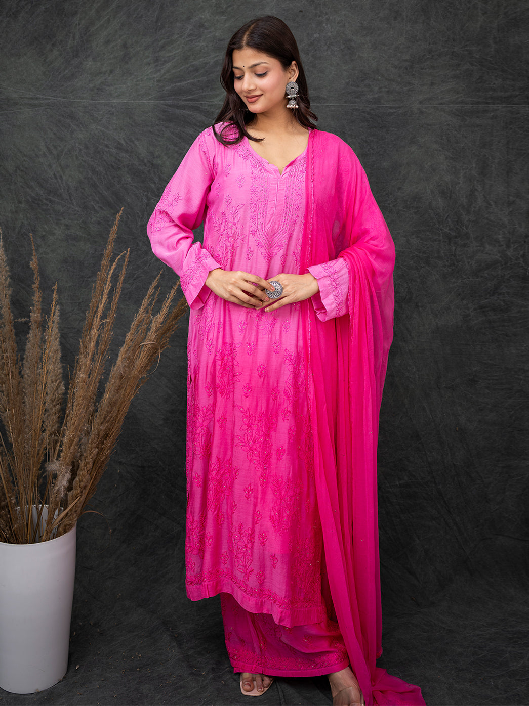 Karima Muslin Chikankari Straight Kurta Set with Dupatta -Pink