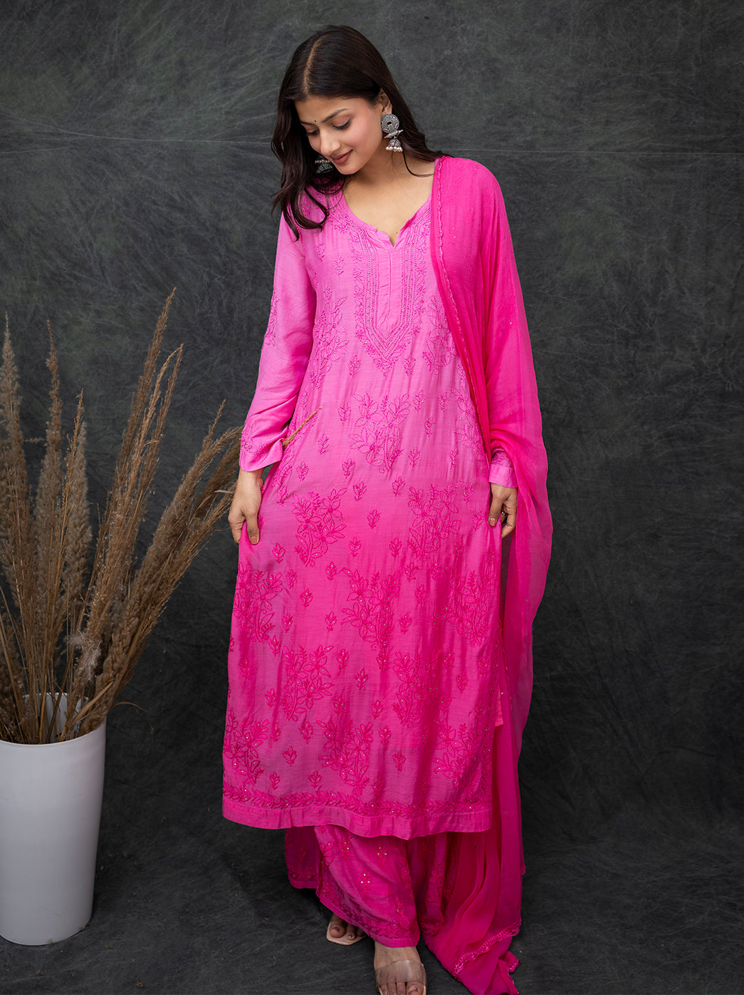 Karima Muslin Chikankari Straight Kurta Set with Dupatta -Pink