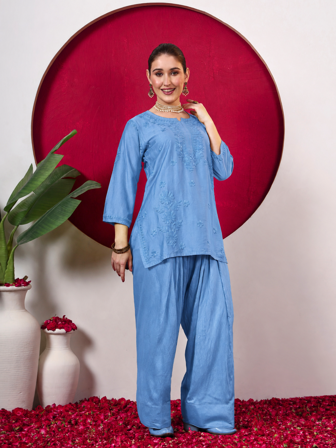 Kashvi Chanderi Chikankari Kurta Farshi Salwar Set with Dupatta - Blue