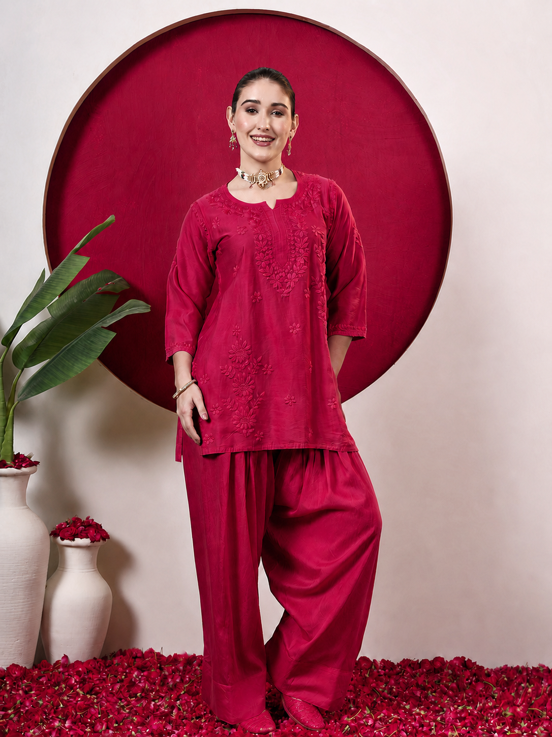 Kashvi Chanderi Chikankari Kurta Farshi Salwar Set with Dupatta - Hot Pink