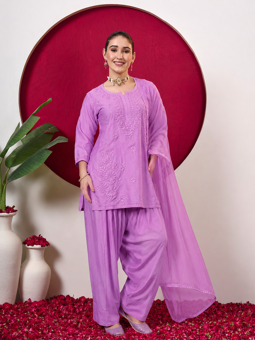 Kashvi Chanderi Chikankari Kurta Farshi Salwar Set with Dupatta - Lavender
